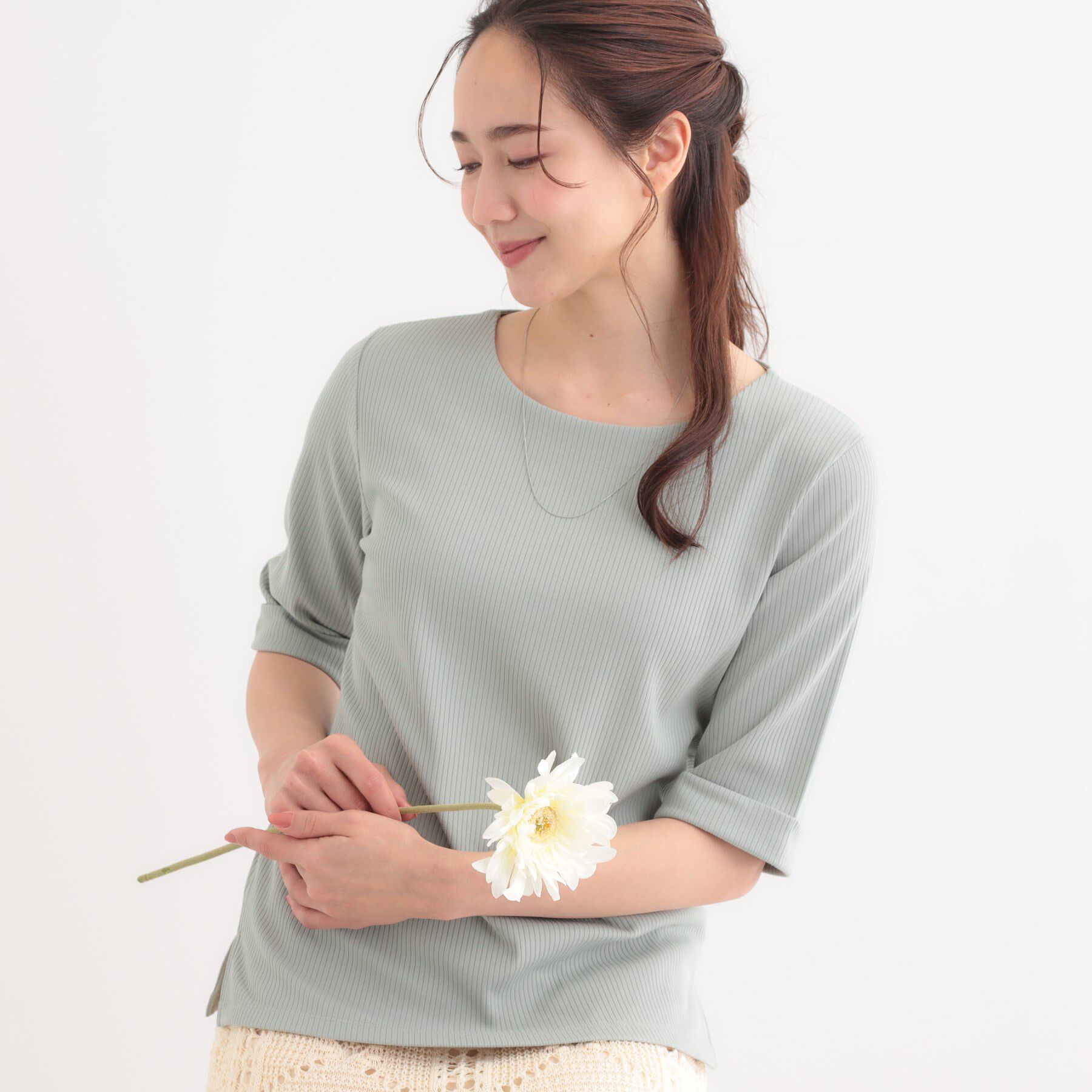 SHOO･LA･RUE「【S-LL】1枚でもインナーでも テレコ5分袖トップス」|Tシャツ・カットソー|ミントグリーン(02
