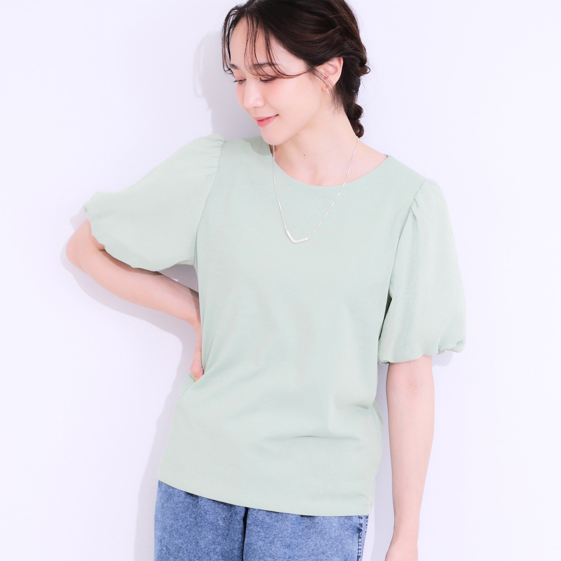 SHOO･LA･RUE「【S-LL/ひんやり/UV】お袖シアー バルーントップス」|Tシャツ・カットソー|ミントグリーン(02
