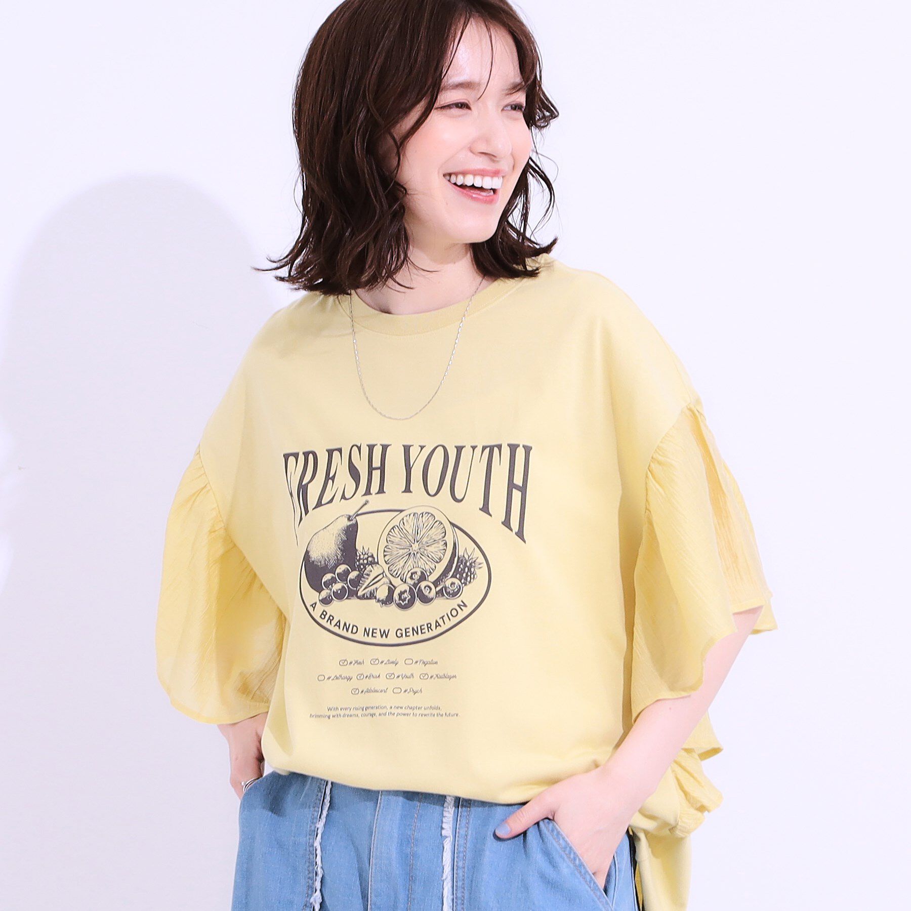SHOO･LA･RUE「【S-LL】リメイク風 ポンチョデザインTシャツ」|Tシャツ・カットソー|ライトイエロー(03