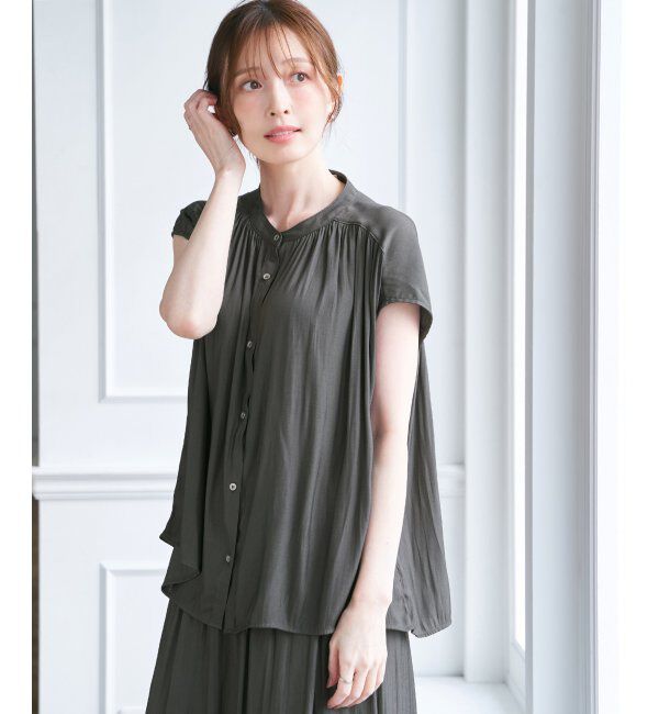 ikka「【セットアップ対応】カッセンギャザーフレンチ袖ブラウス」|シャツ・ブラウス|チャコール