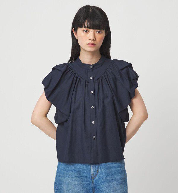 EMMEL REFINES「＜EMMEL REFINES＞EM バンドカラー パフスリーブ ブラウス」|シャツ・ブラウス|NAVY
