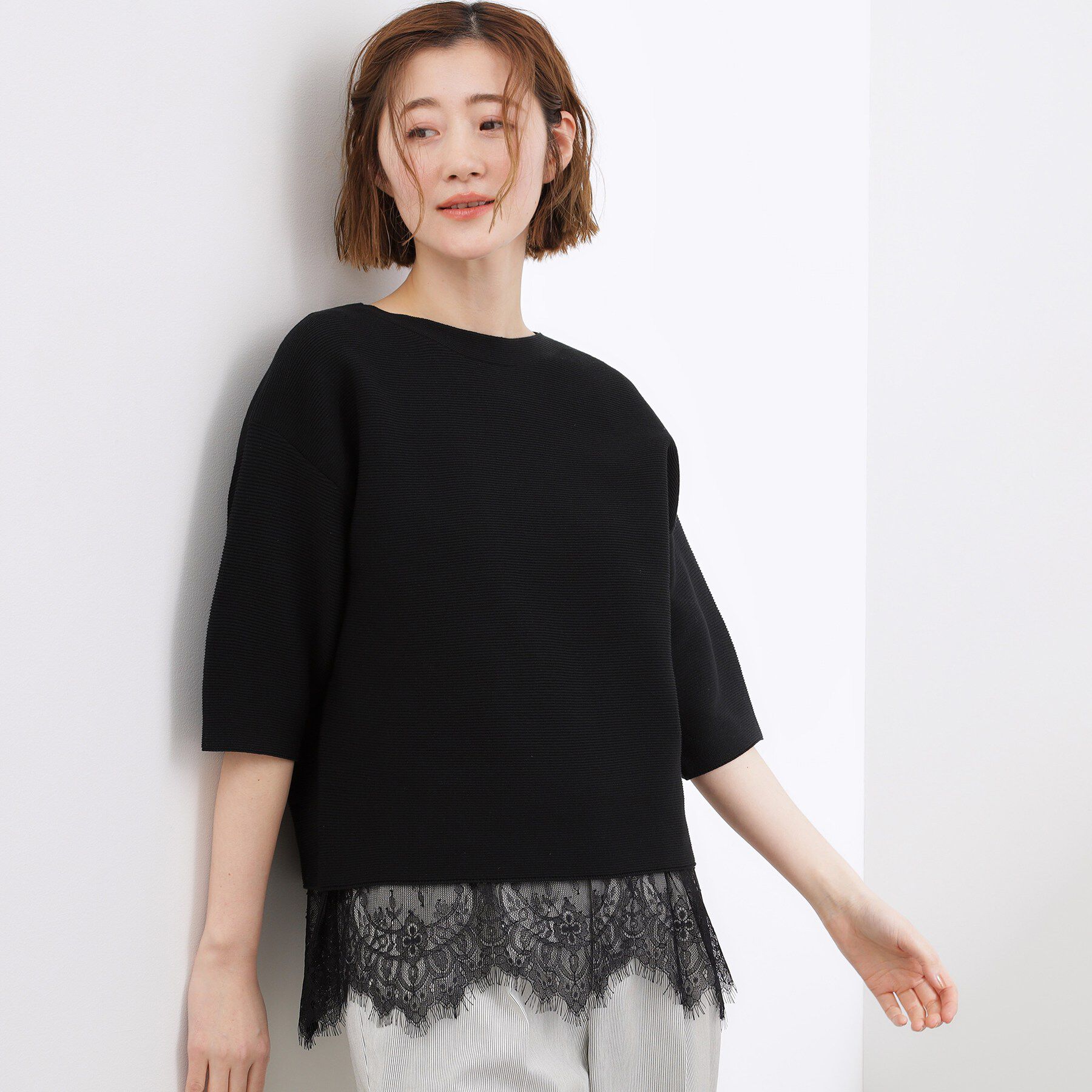 grove「【貴島明日香さん着用／洗濯機OK】レイヤードにもおすすめ、軽やかクロップドニット」|ニット・セーター|ブラック(019)