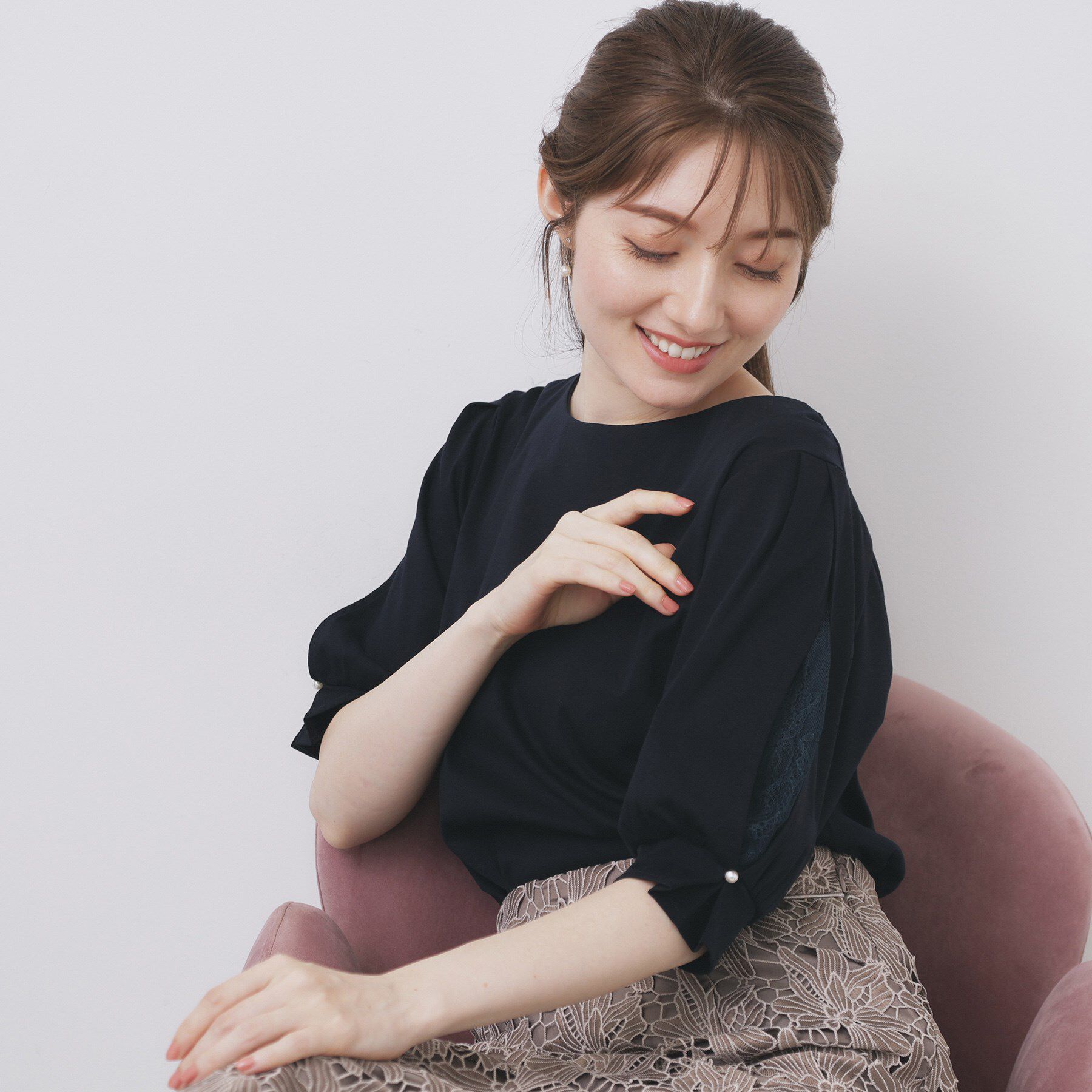 index「レースドッキングスリーブトップス【洗濯機洗い可／UVケア】」|Tシャツ・カットソー|ネイビー(094)