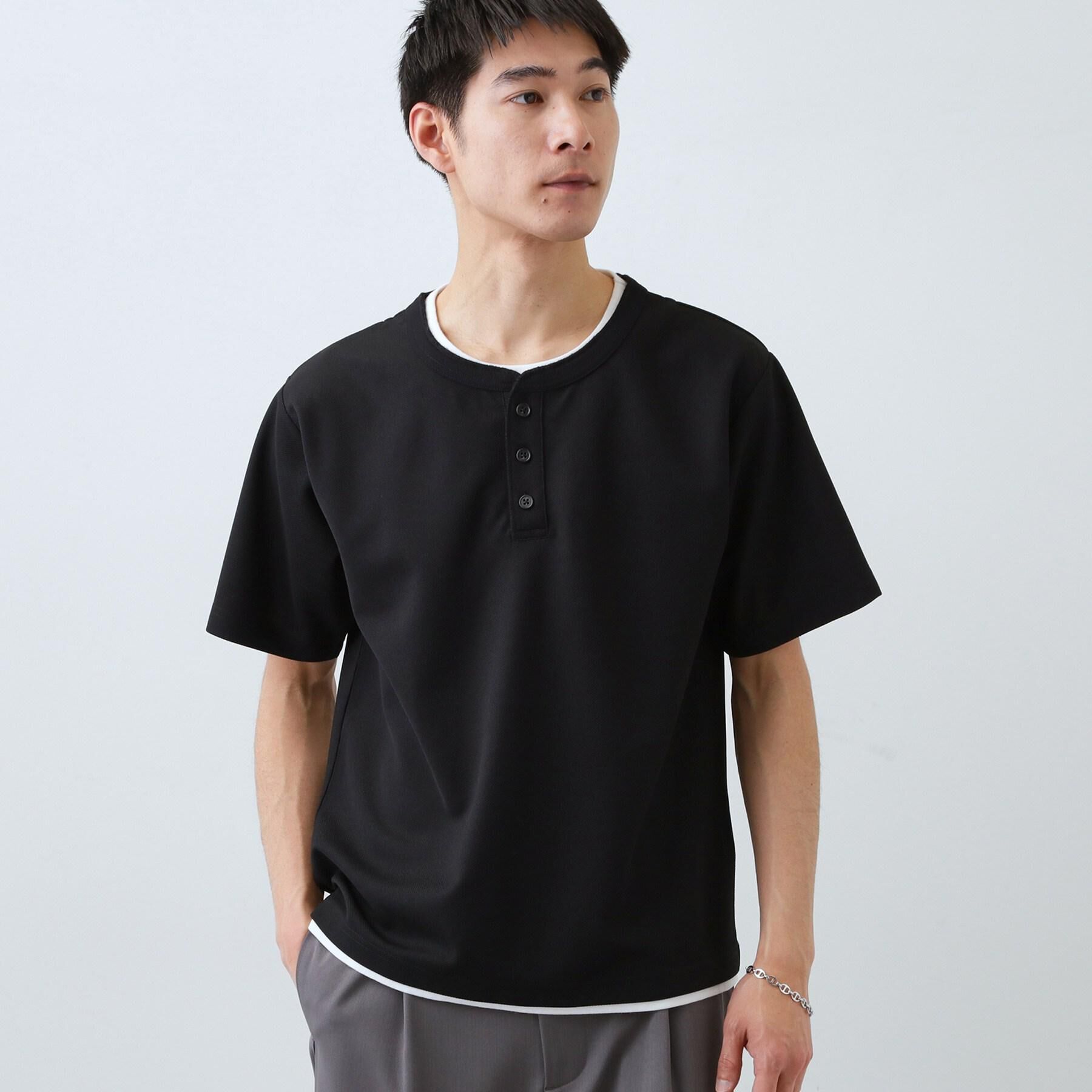 THE SHOP TK「【1枚でちゃんとして見える】ヘンリーネック レイヤード風 半袖Tシャツ 洗濯機OK」|Tシャツ・カットソー|