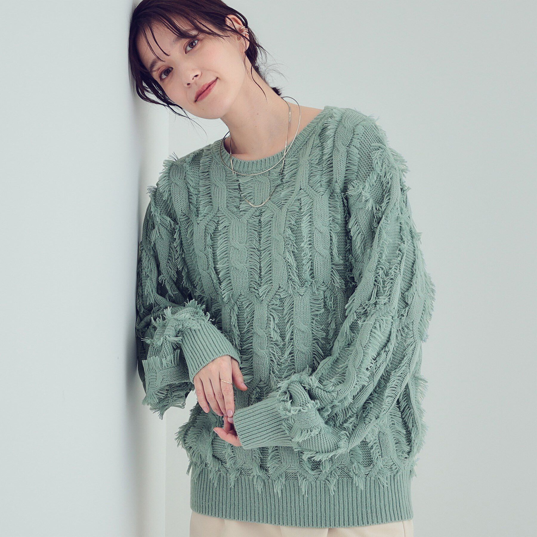 SHOO･LA･RUE「【S-LL】一枚で主役級。フリンジが目を惹くゆるニット」|ニット・セーター|ミントグリーン(02