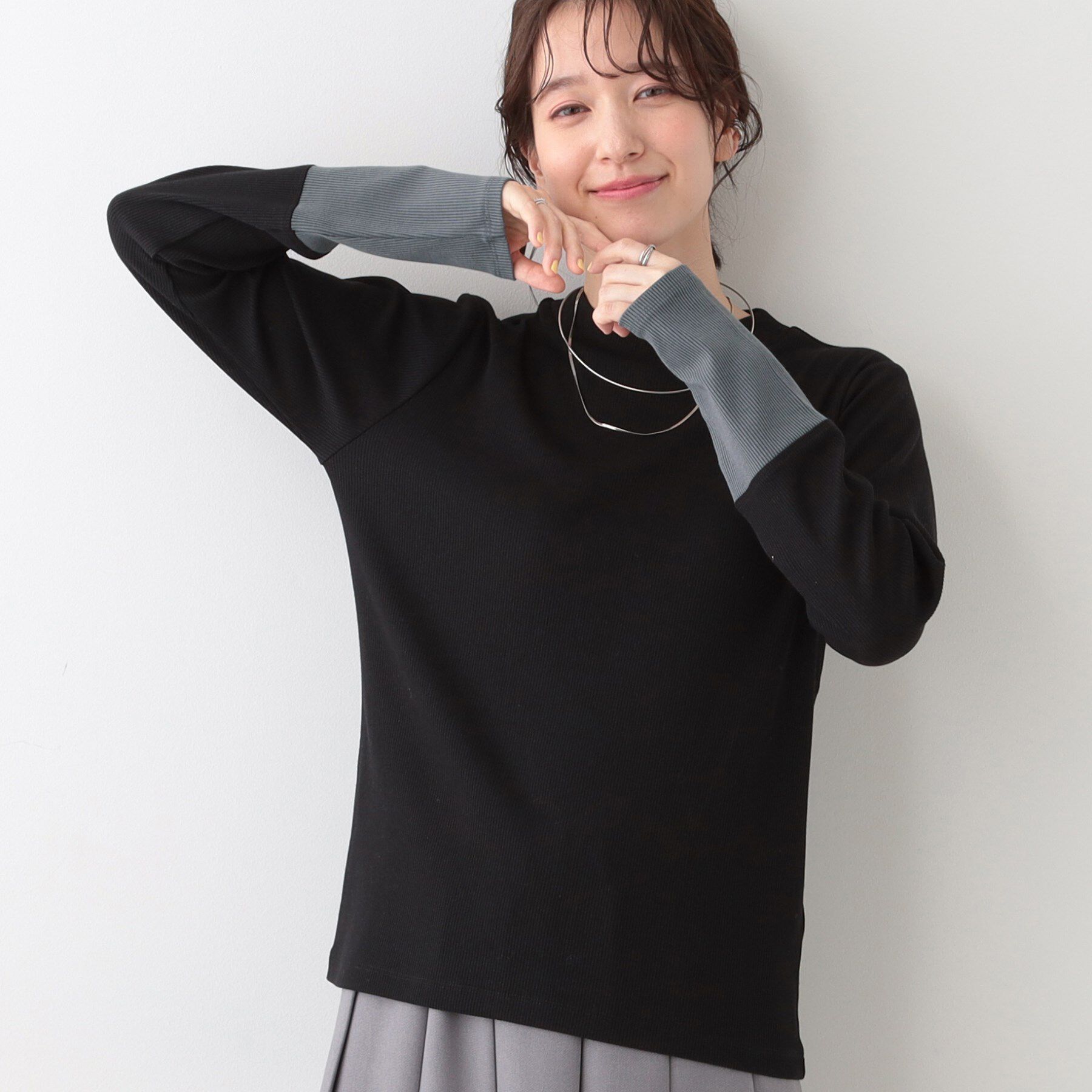 SHOO･LA･RUE「【S-LL】テレコ袖配色切り替えトップス」|Tシャツ・カットソー|ブラック(519)