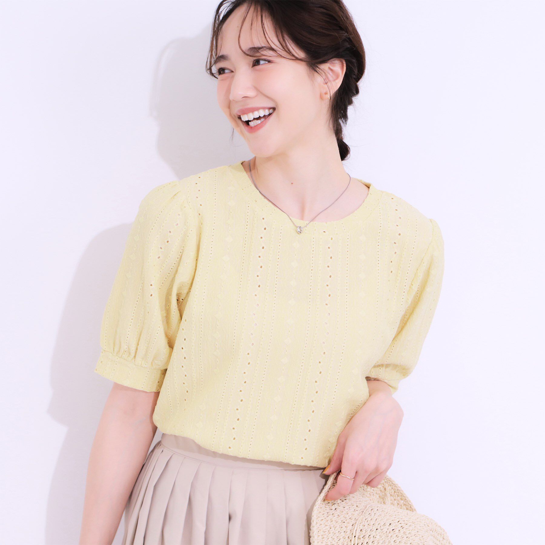 SHOO･LA･RUE「【S-LL/二の腕カバー】大人フェミニンな印象に ジャカードレーストップス」|Tシャツ・カットソー|イエロー(031)