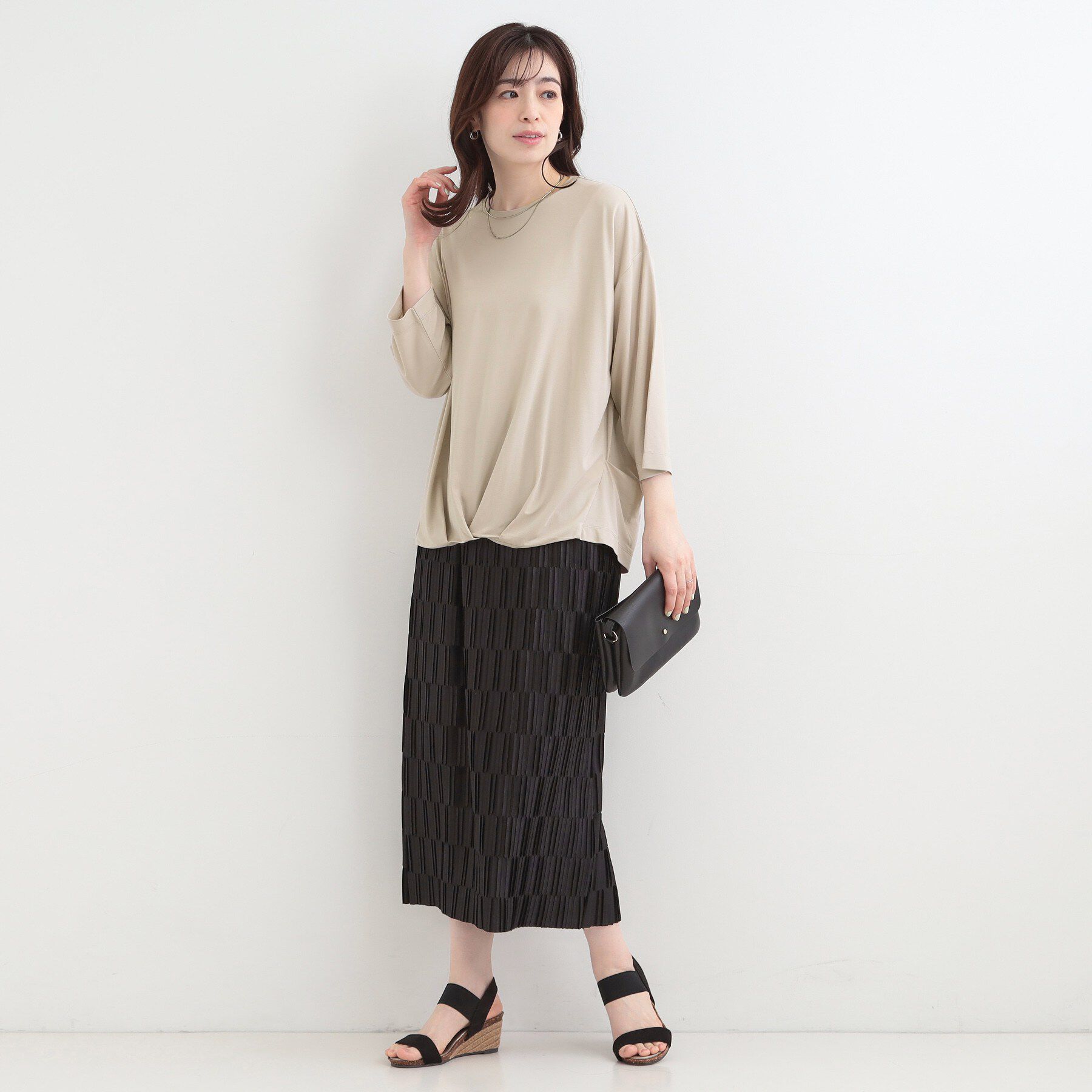 SHOO･LA･RUE「【ひんやり/UV/体型カバー】とろみフロントタック7分袖ゆるトップス」|Tシャツ・カットソー|