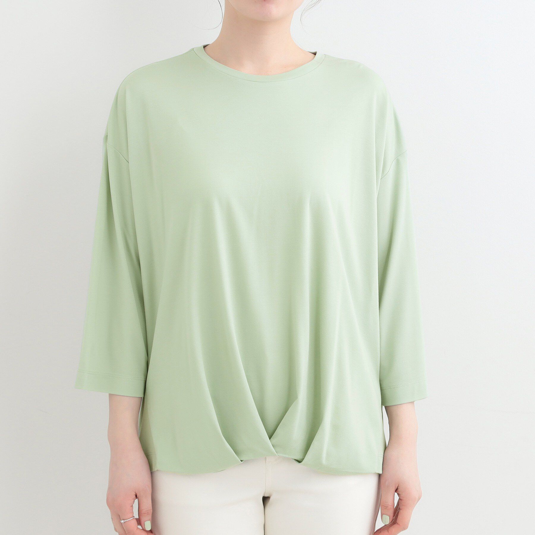 SHOO･LA･RUE「【ひんやり/UV/体型カバー】とろみフロントタック7分袖ゆるトップス」|Tシャツ・カットソー|