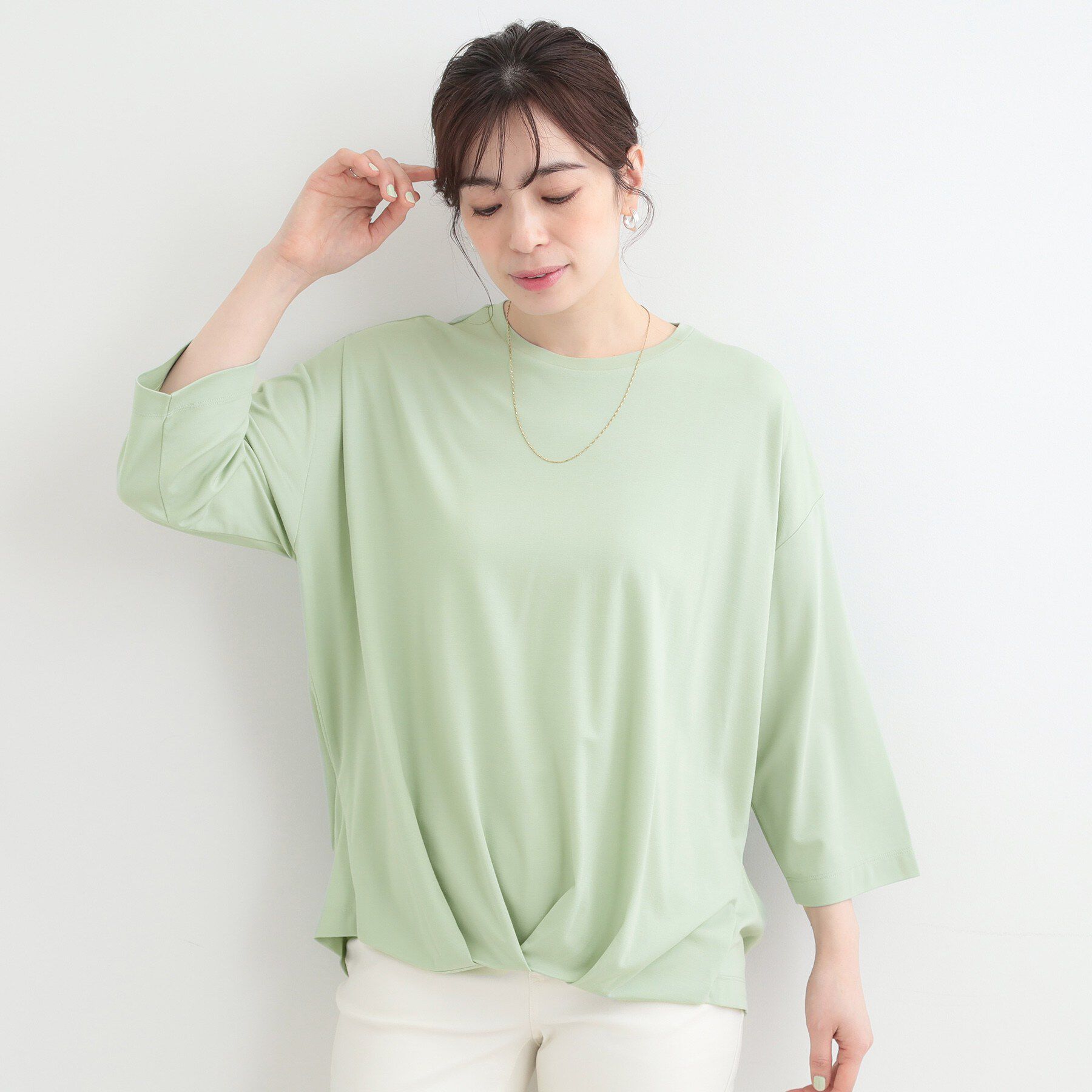 SHOO･LA･RUE「【ひんやり/UV/体型カバー】とろみフロントタック7分袖ゆるトップス」|Tシャツ・カットソー|