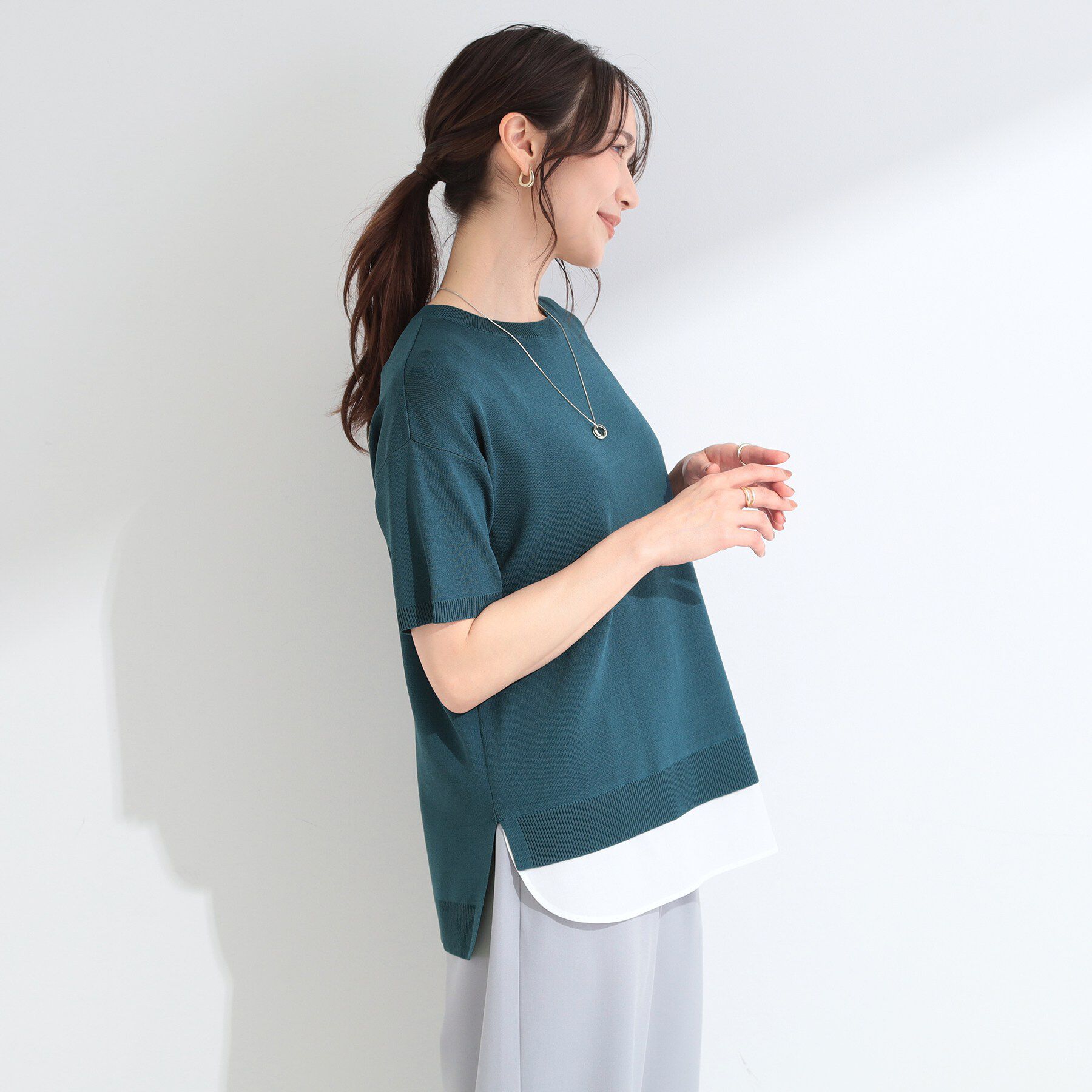 SHOO･LA･RUE「【ひんやり/UV/洗濯機可/S-LL】毛玉になりにくい シャツレイヤード風半袖ニット」|ニット・セーター|