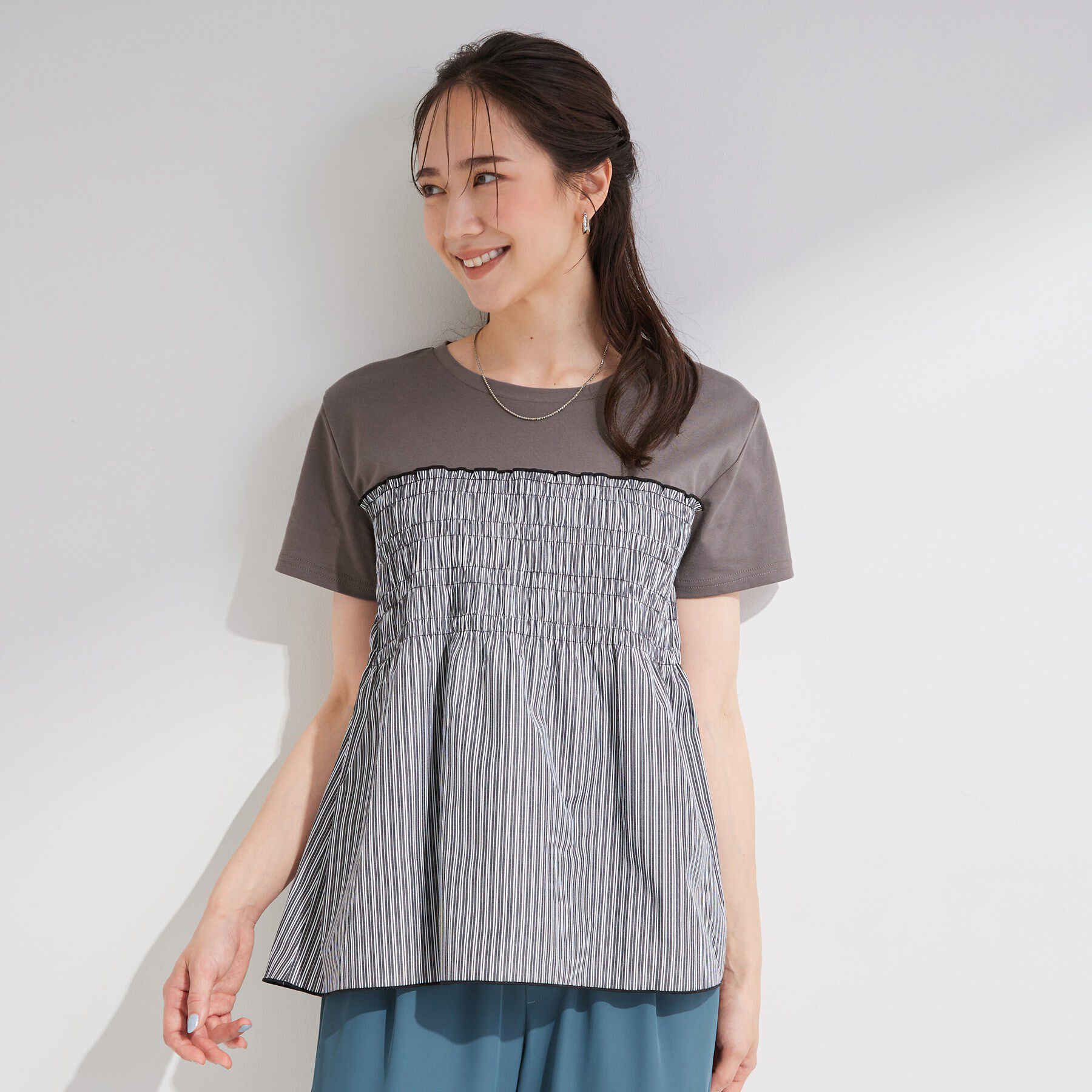 SHOO･LA･RUE「【S-LL/洗濯機可】着るだけサマ見え 柄アソートビスチェ風ドッキングTシャツ」|Tシャツ・カットソー|