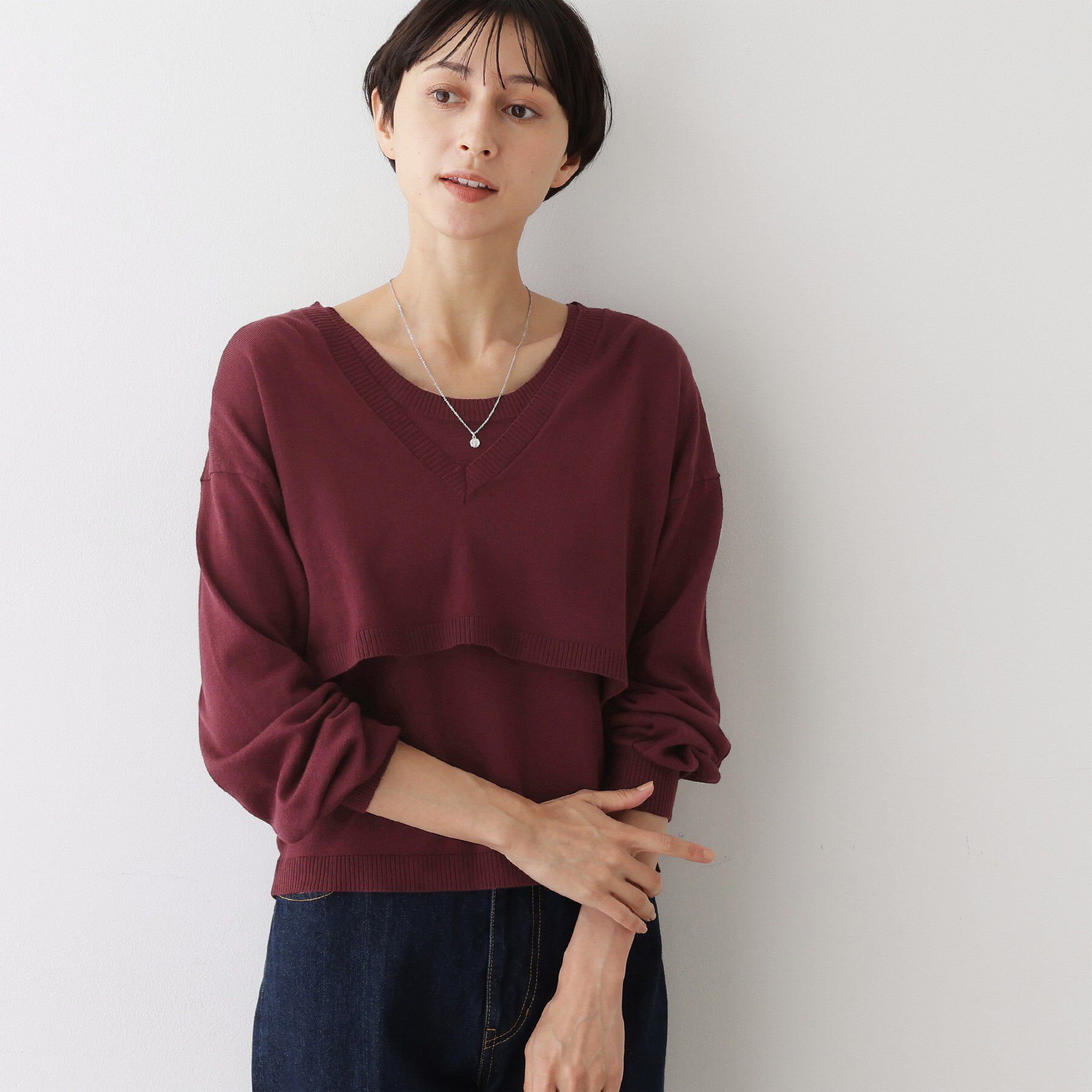 Dessin「【2点セット/3WAY/洗える】ノースリーブインナー付きVネックショート丈ニット」|ニット・セーター|ボルドー(064)