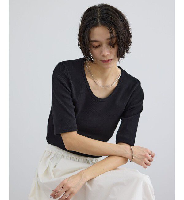 SALON adam et rope'「プリマベールファームリーリブハーフスリーブTシャツ / UVケア・洗える・新色追加」|Tシャツ・カットソー|ブラック(01)