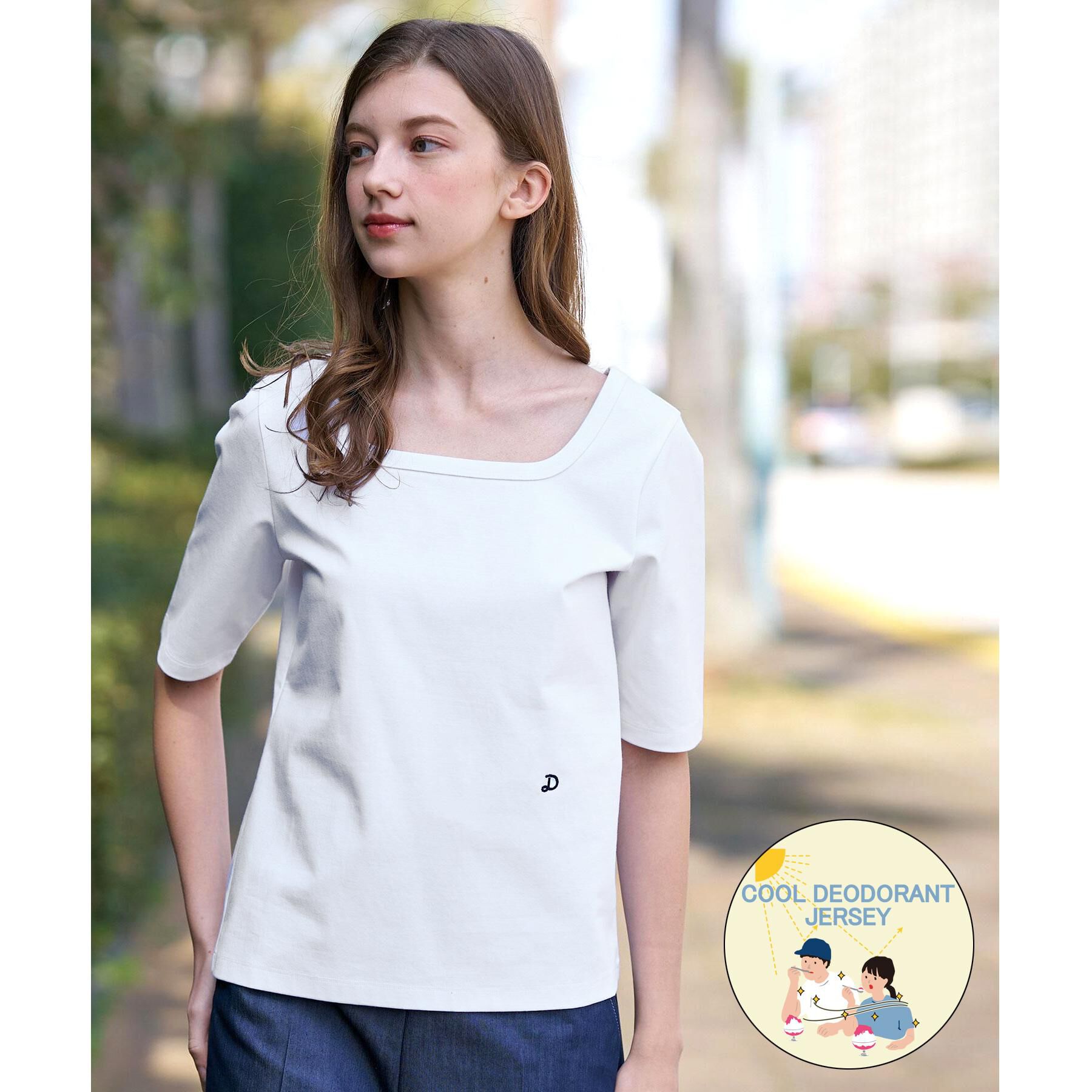 DRESSTERIOR「【接触冷感/UVカット/抗菌防臭/しわ防止】クールデオドラント スクエアネックプルオーバー」|Tシャツ・カットソー|ホワイト(001)