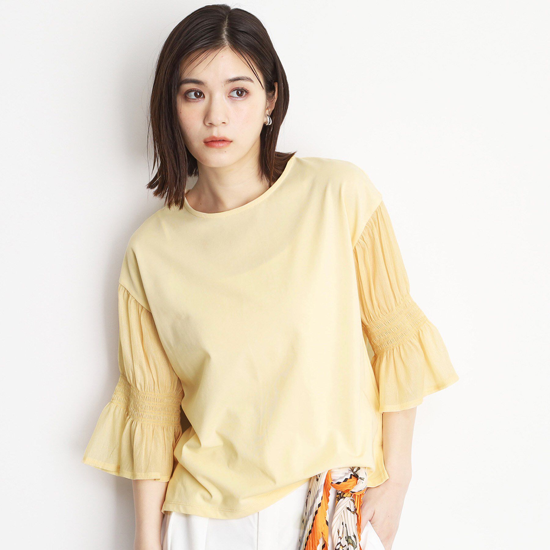 THE SHOP TK「袖シャーリングシアープルオーバー【洗濯機OK】」|Tシャツ・カットソー|ライトイエロー(03