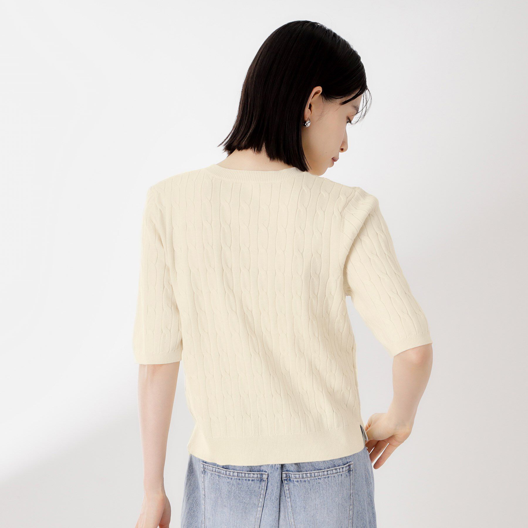 THE SHOP TK「ワンポイント刺繍ケーブル半袖ニット【洗濯機OK】」|ニット・セーター|