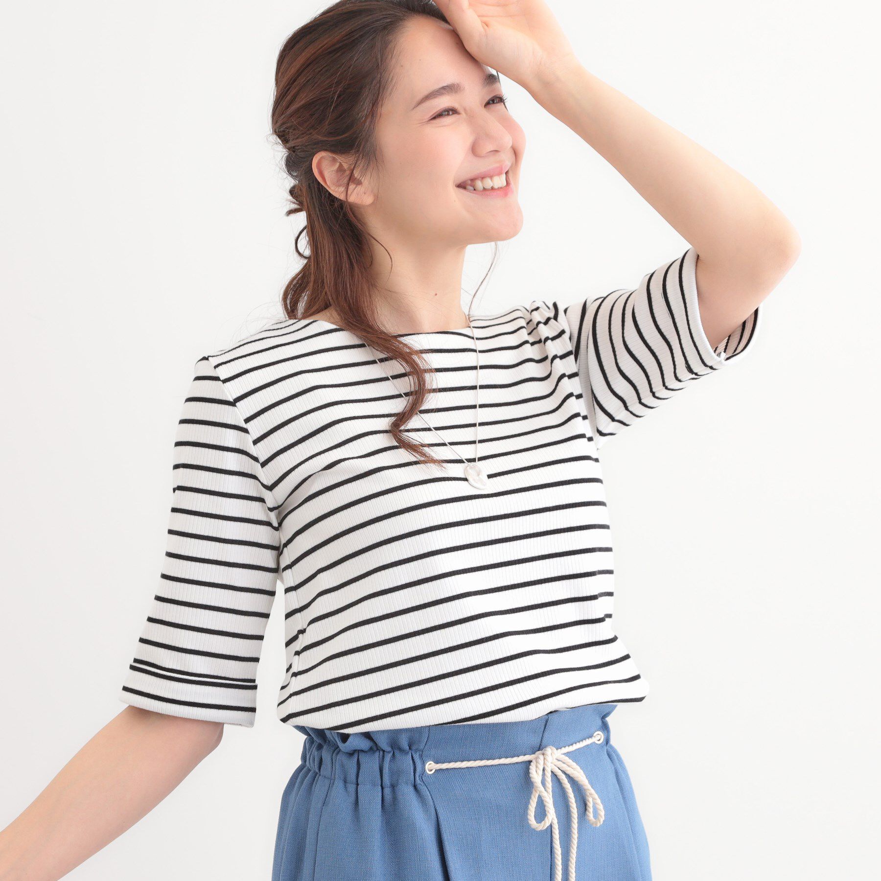 SHOO･LA･RUE「【S-LL】1枚でもインナーでも テレコ5分袖トップス」|Tシャツ・カットソー|オフホワイト(303
