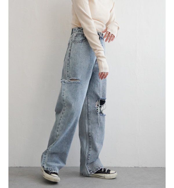 VENCE share style「ダメージワイドデニムパンツ」|デニム|ブルー