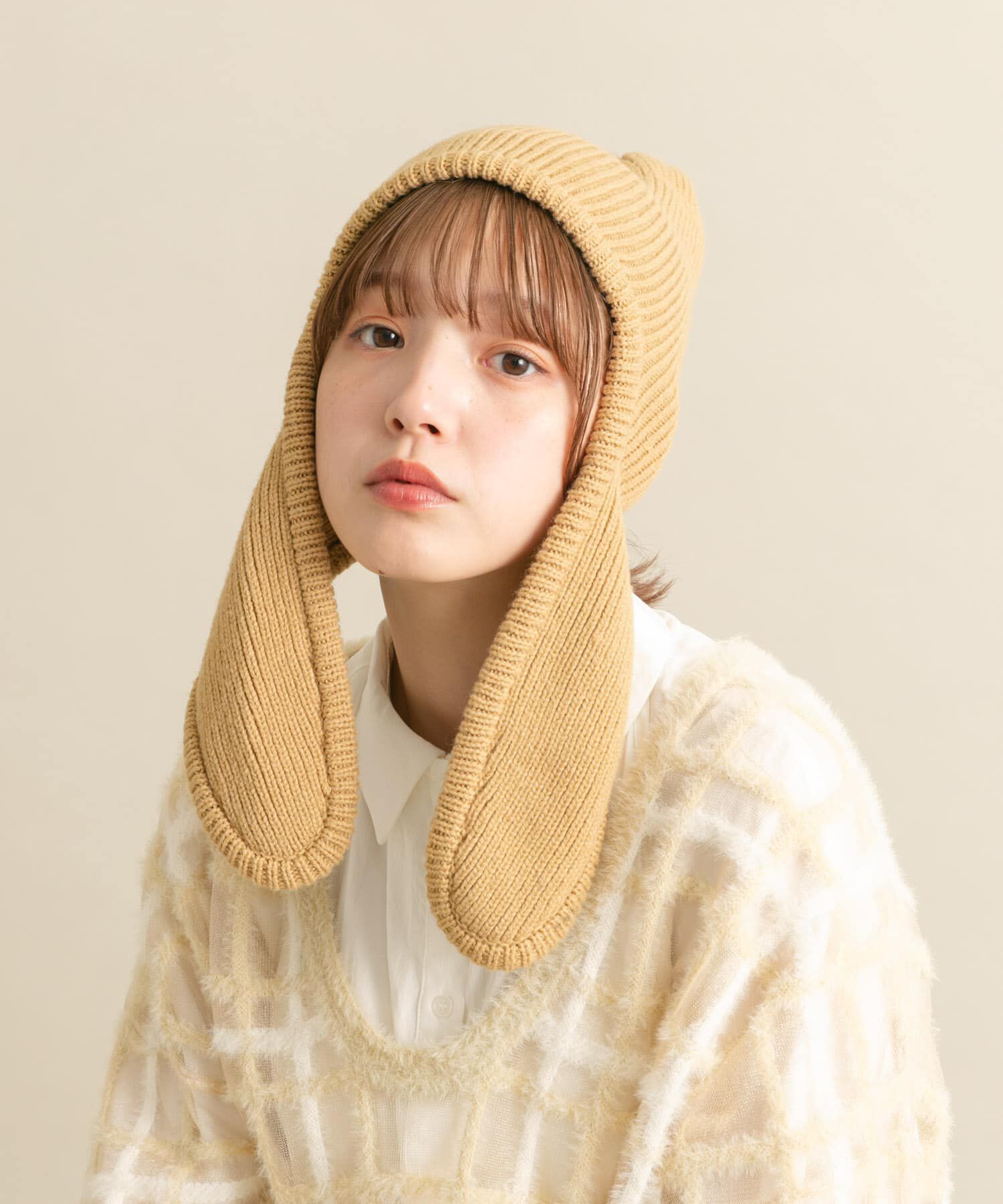  「ロングイヤーフラップニットキャップ」|ニット帽|ベージュ