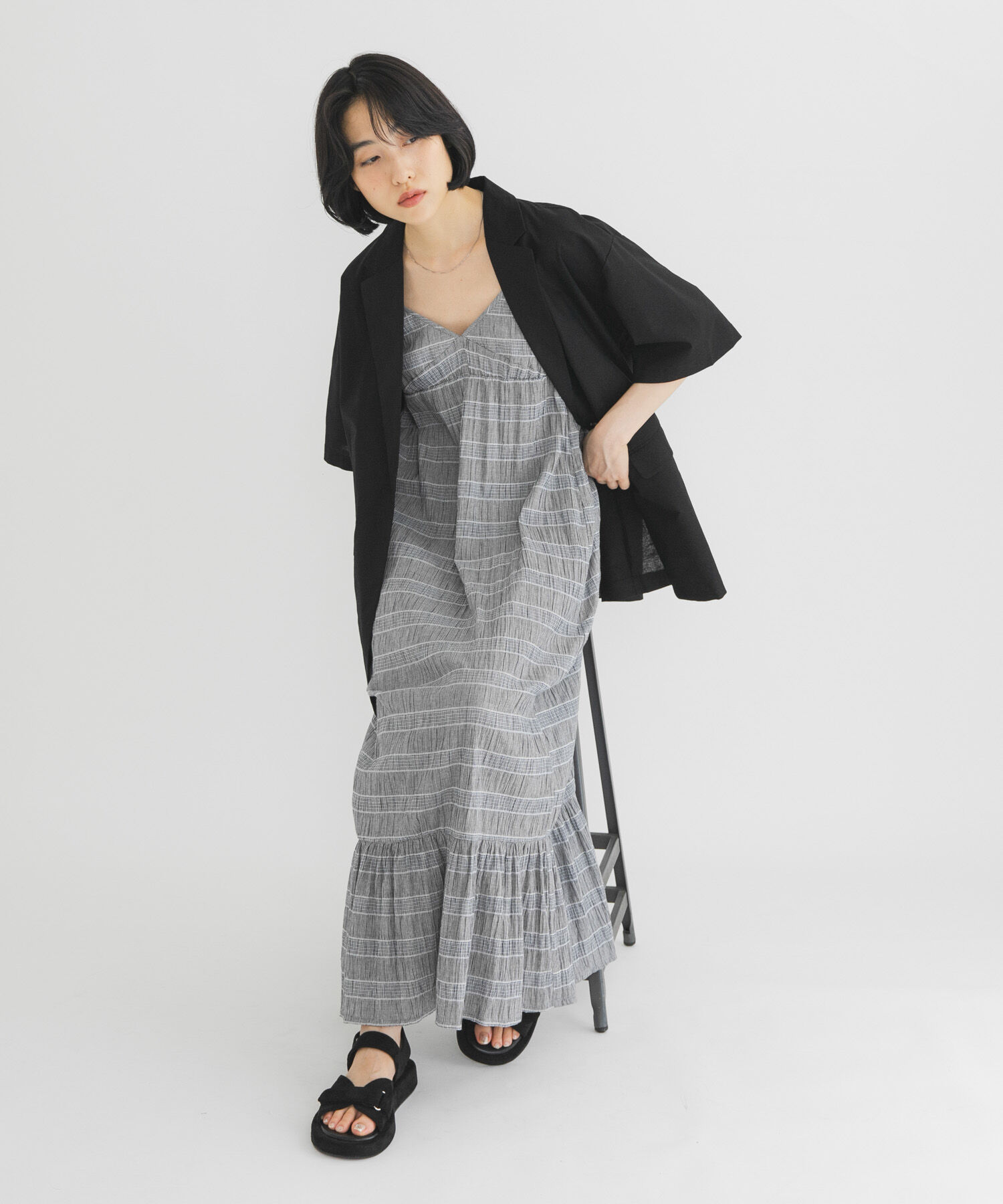 「マジョリカプリーツチェックキャミワンピース」|その他|グレー系その他