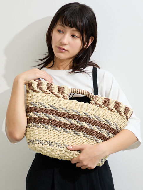 Samansa Mos2「ペーパー編みボーダーカゴバッグ」|その他|ブラウン