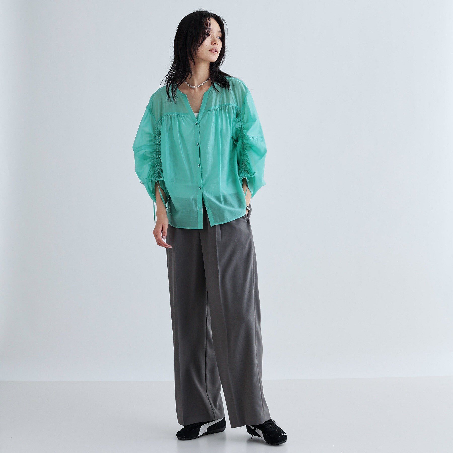 GALLEST「袖シャーリングシアーローンブラウス」|シャツ・ブラウス|