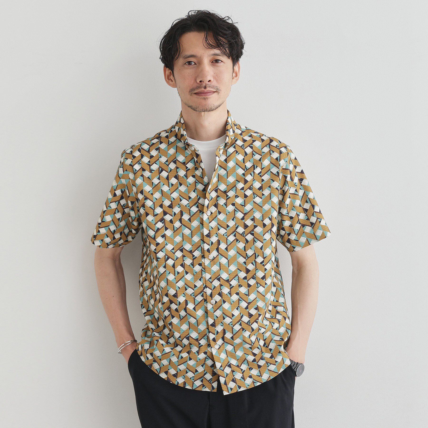 TAKEO KIKUCHI「【COOL CITY WEAR】籠目アート柄 サッカーシャツ /通気性」|シャツ・ブラウス|マスタード(133)