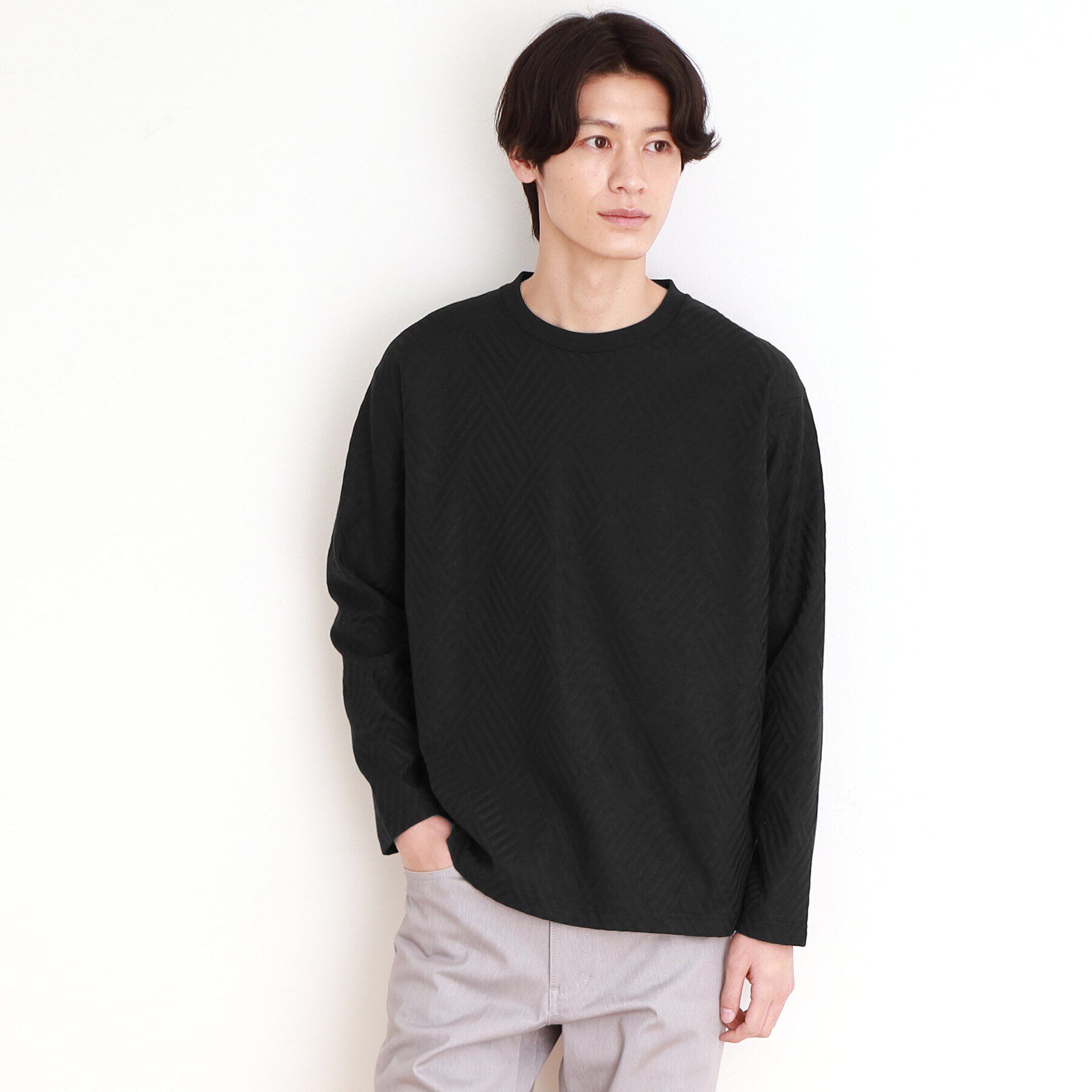 THE SHOP TK「リンクスジャカード長袖Tシャツ ON／OFF兼用」|Tシャツ・カットソー|ブラック(019)