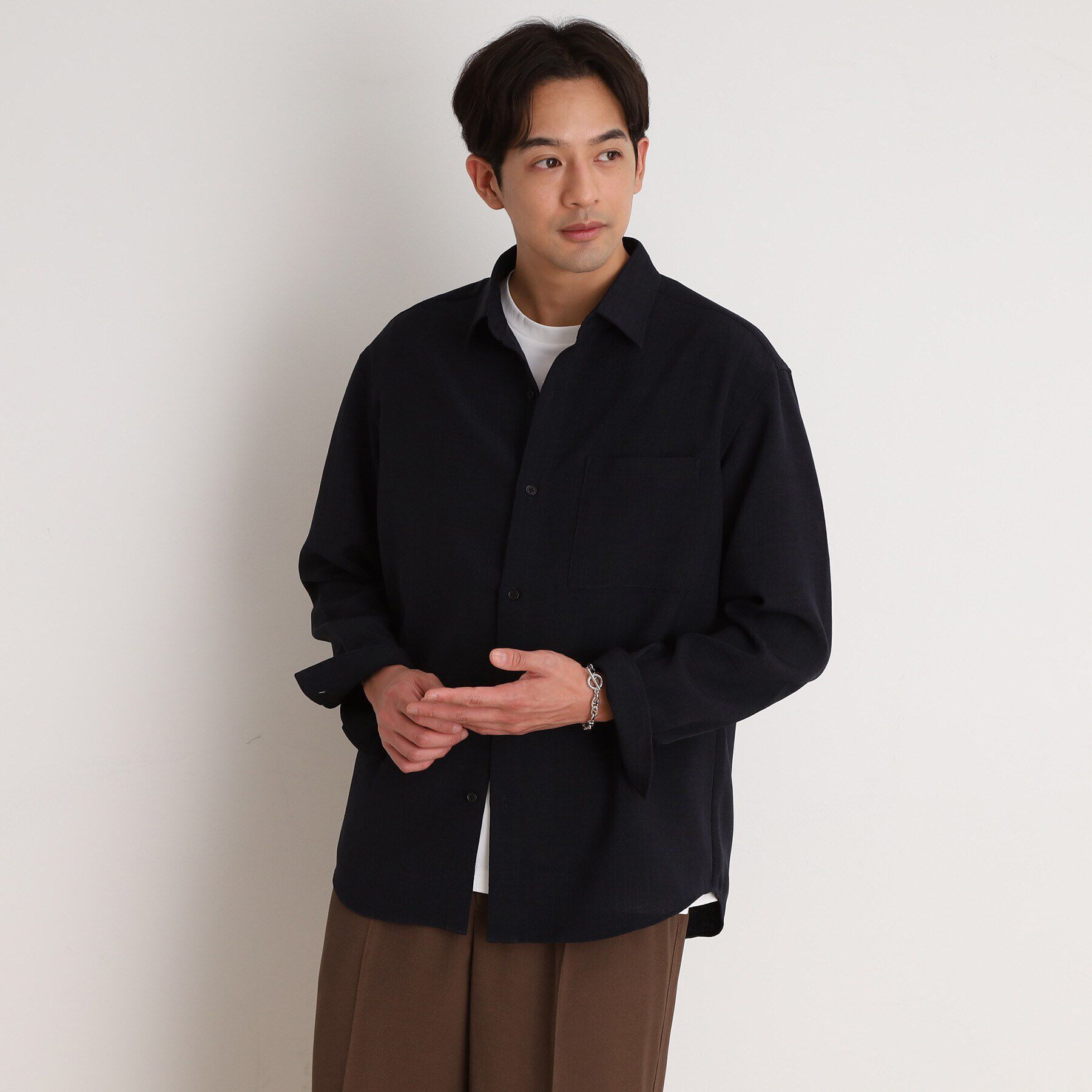 THE SHOP TK「リネンライクレギュラーカラーシャツ セットアップ可」|シャツ・ブラウス|ネイビー(094)