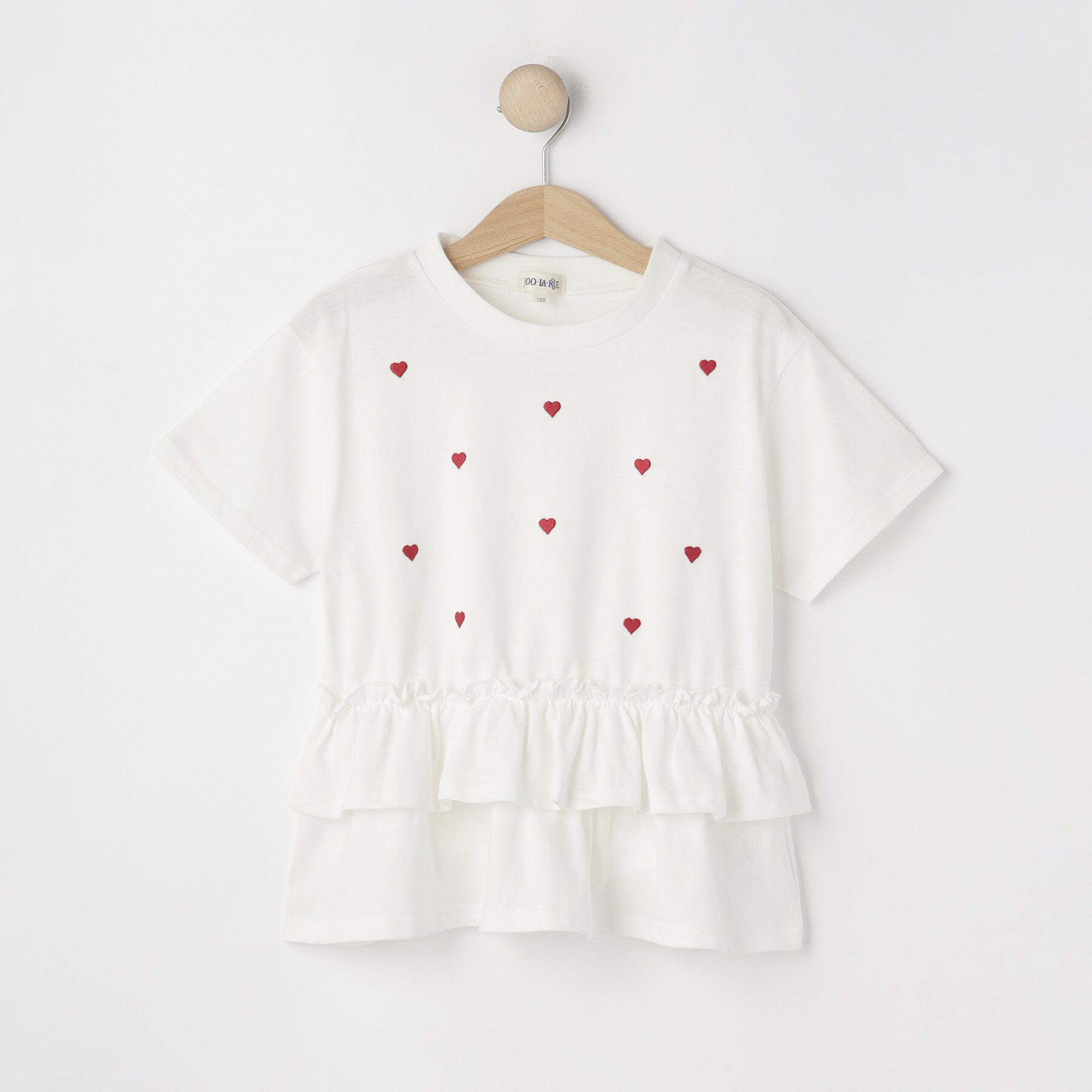 SHOO･LA･RUE「【100-150cm】裾フリルハート刺繍Tシャツ」|Tシャツ・カットソー|ホワイト(001)