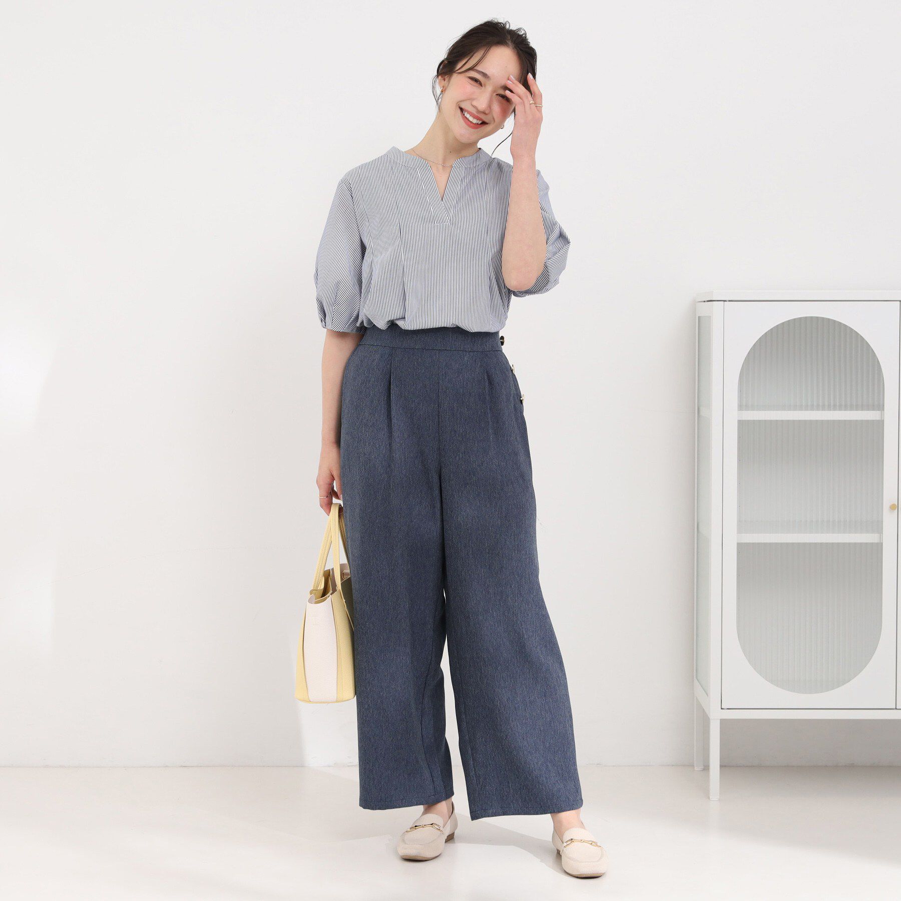 SHOO･LA･RUE「【高レビュー/S-LL】穿くだけすっきりシルエット サイドボタン付き デニム風ワイドパンツ」|その他|