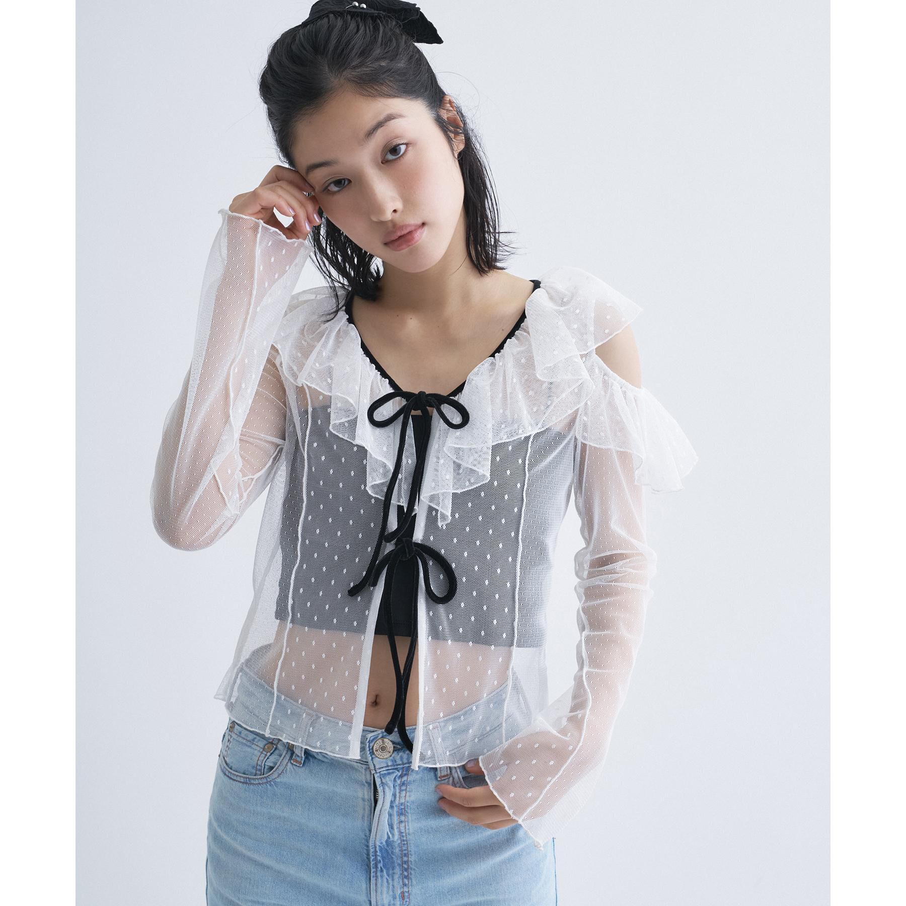CODE A「tulle asymmetry blouse」|シャツ・ブラウス|ホワイト(001)