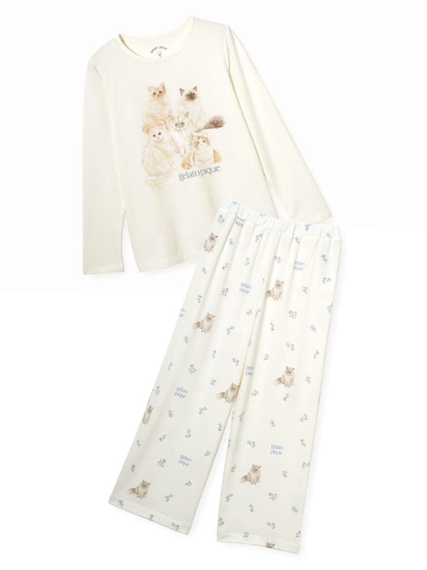 GELATO PIQUE KIDS & BABY「【JUNIOR】フラワーキャット柄プルオーバー&ロングパンツセット」|ルームウェア|OWHT