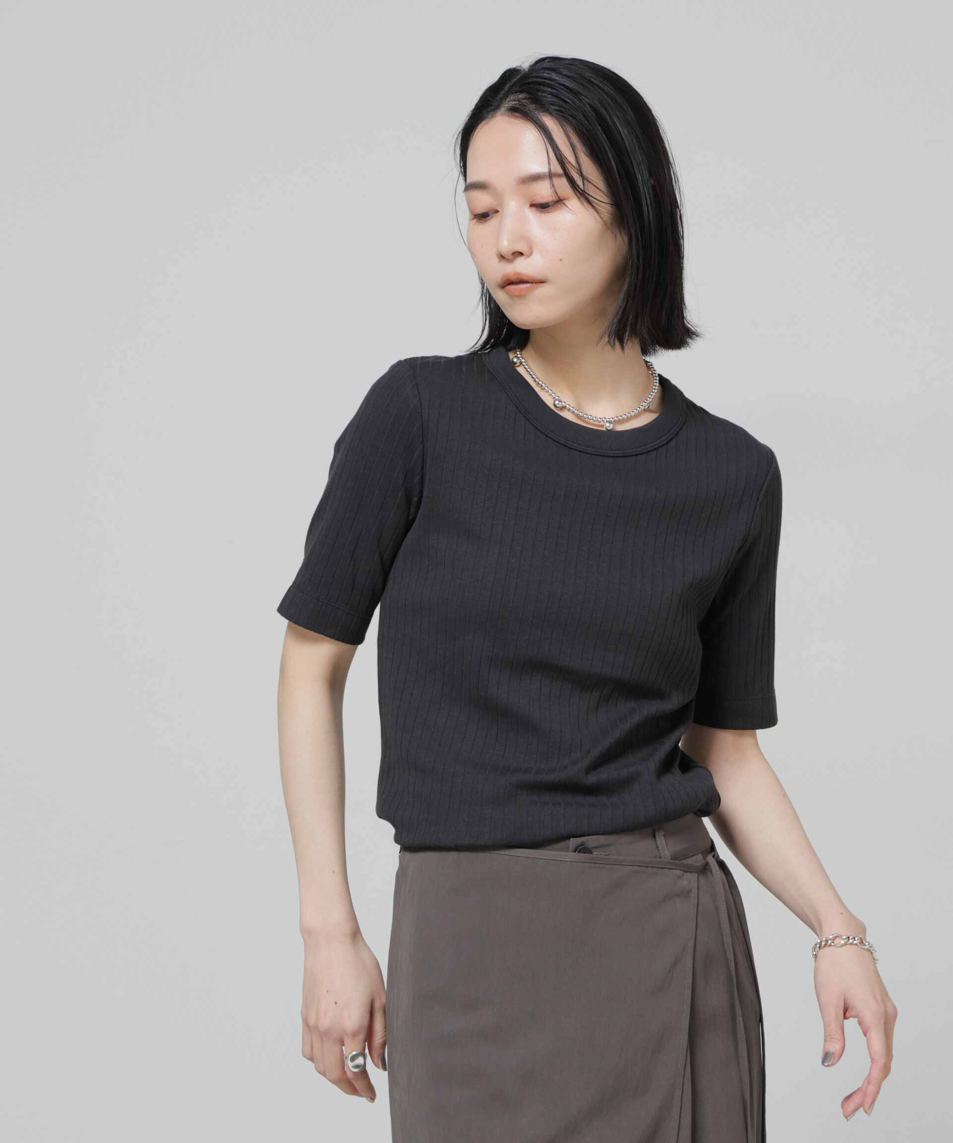 NANO universe「Anti Soaked(R) 汗染み防止クルーネックリブTシャツ」|Tシャツ・カットソー|ブラック