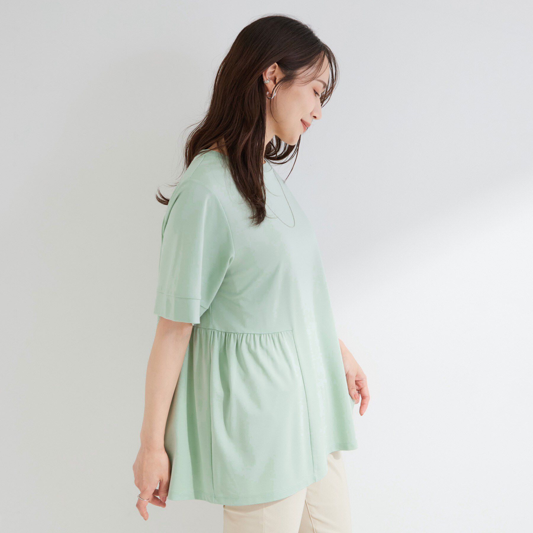SHOO･LA･RUE「【ひんやり/UV/S-LL】とろみサイドギャザートップス」|Tシャツ・カットソー|