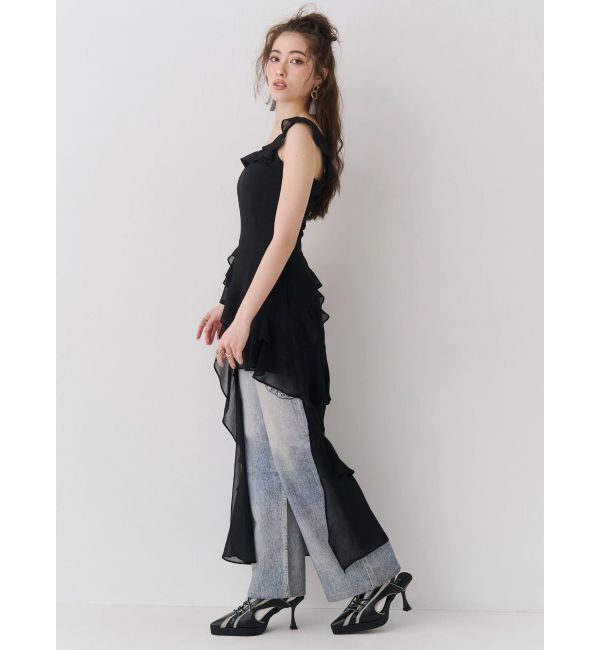 EVRIS「【SNS万バズワンピ】フリルショルダーアシンメトリーロングワンピース」|ワンピース|