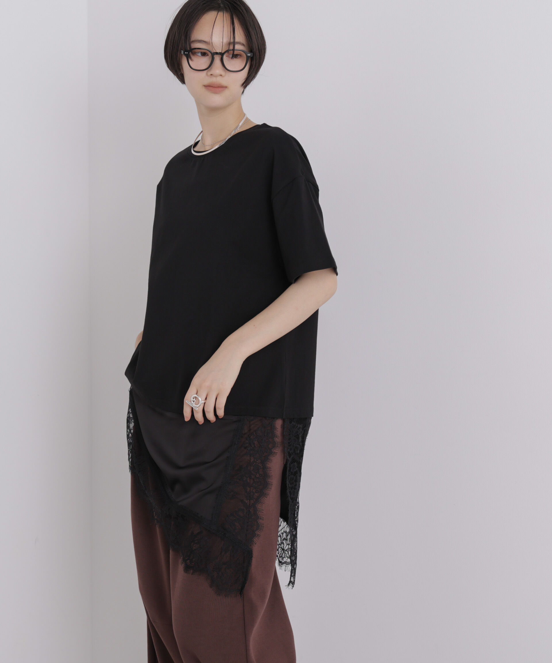 NANO universe「アシメレースヘムドッキングカットトップス」|Tシャツ・カットソー|