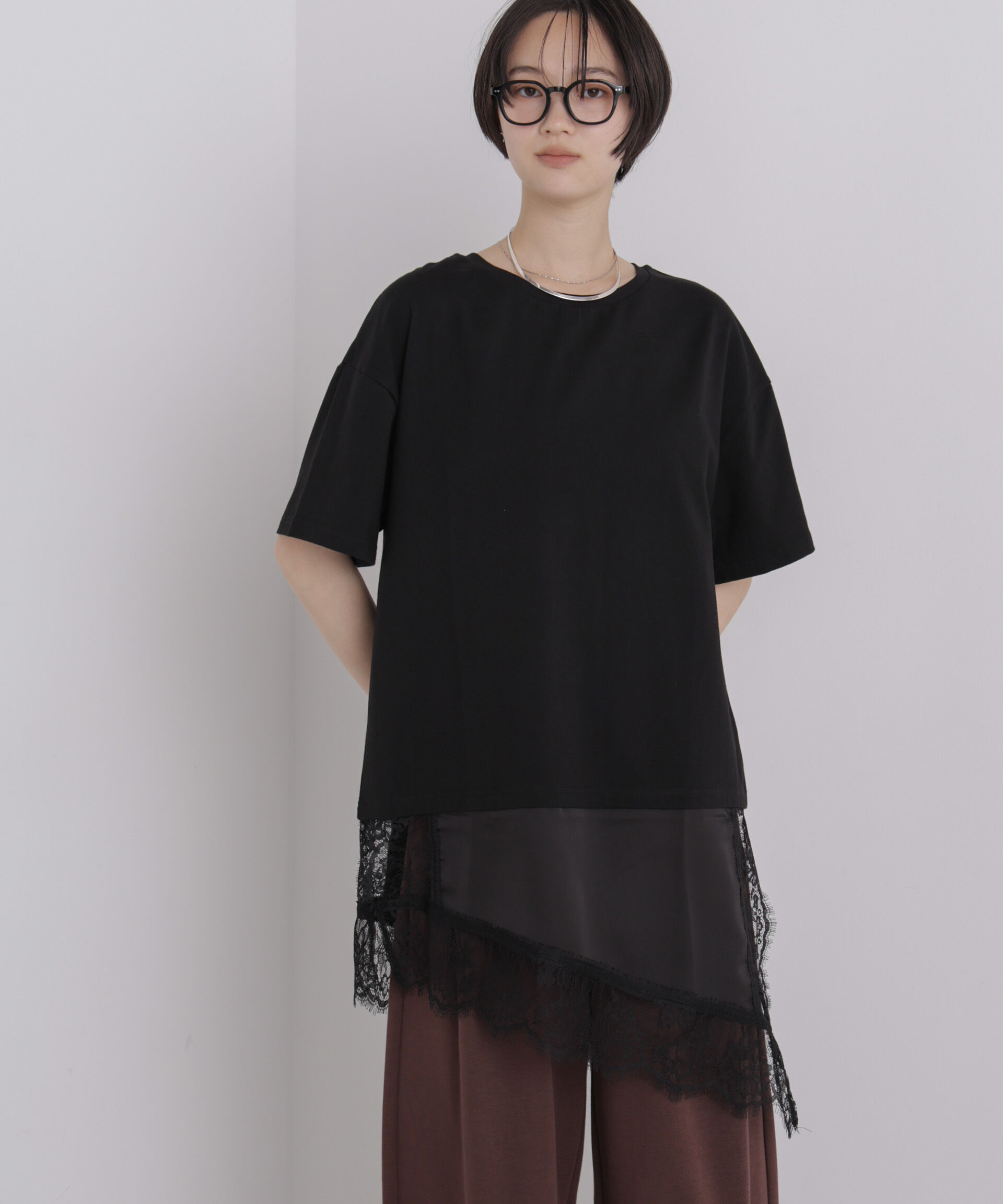 NANO universe「アシメレースヘムドッキングカットトップス」|Tシャツ・カットソー|