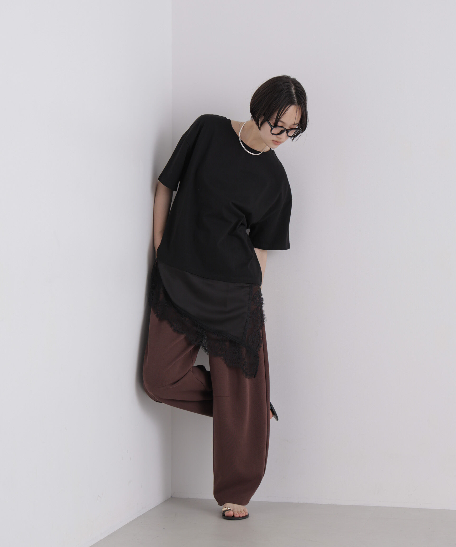 NANO universe「アシメレースヘムドッキングカットトップス」|Tシャツ・カットソー|