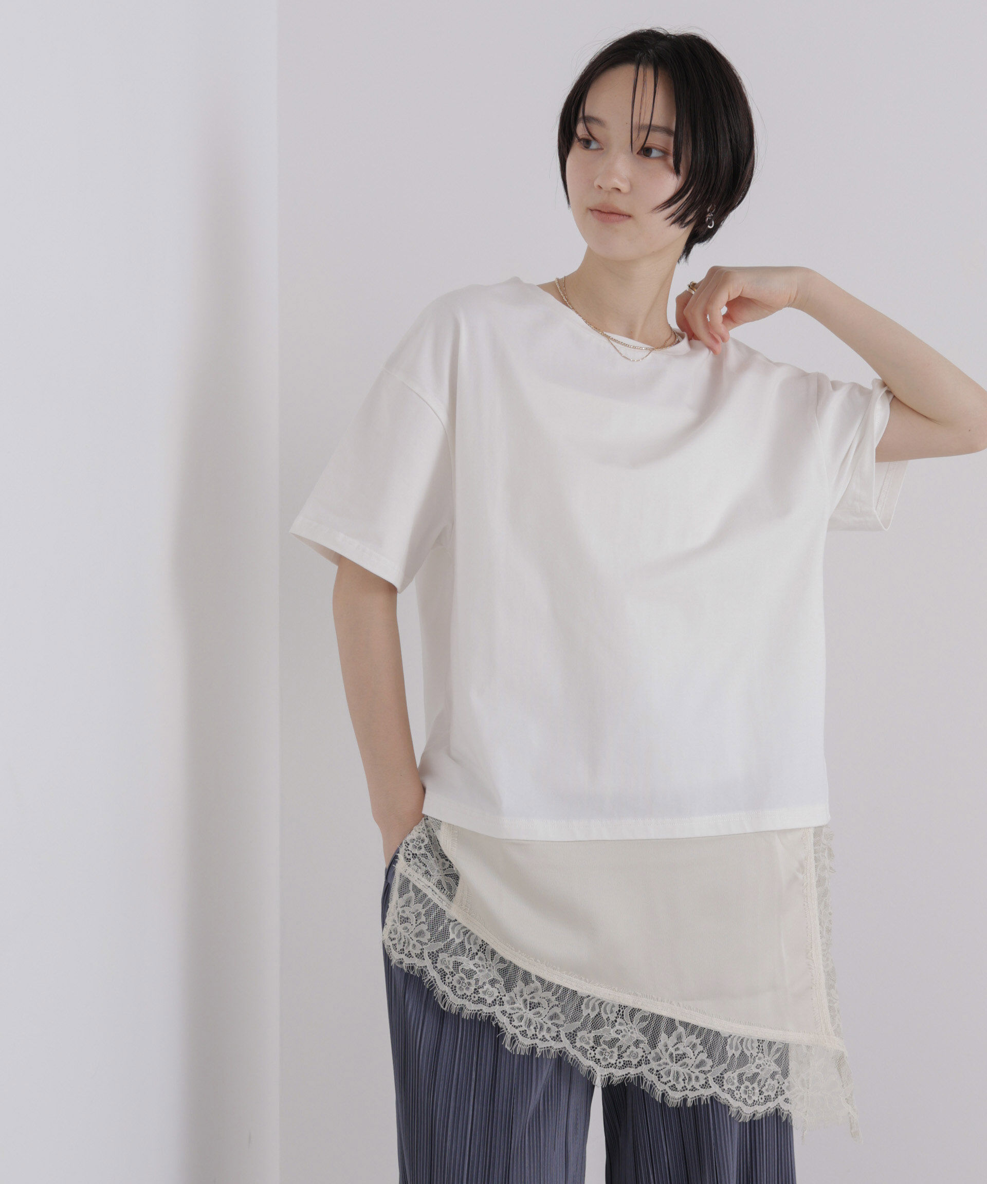 NANO universe「アシメレースヘムドッキングカットトップス」|Tシャツ・カットソー|ホワイト