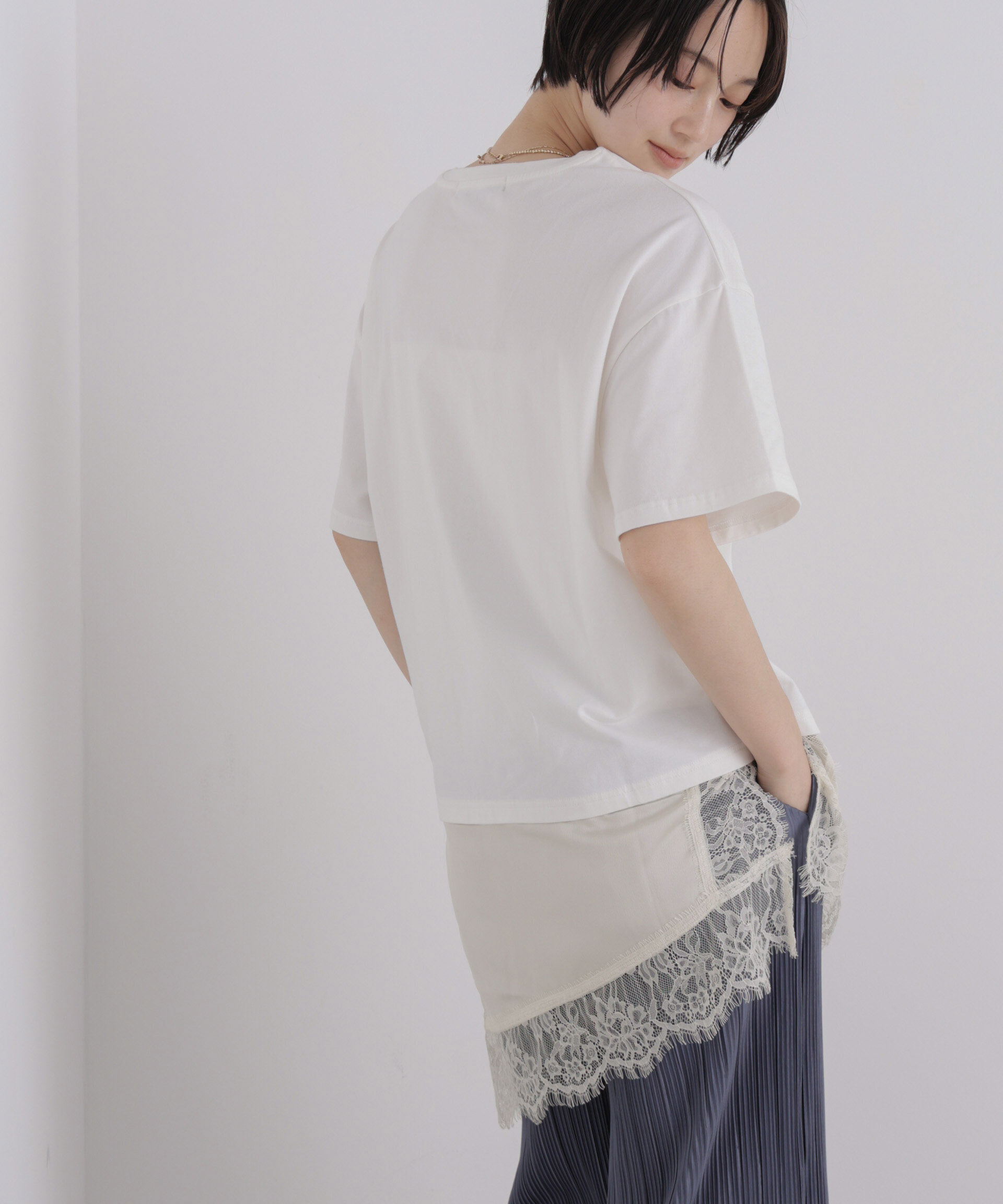 NANO universe「アシメレースヘムドッキングカットトップス」|Tシャツ・カットソー|