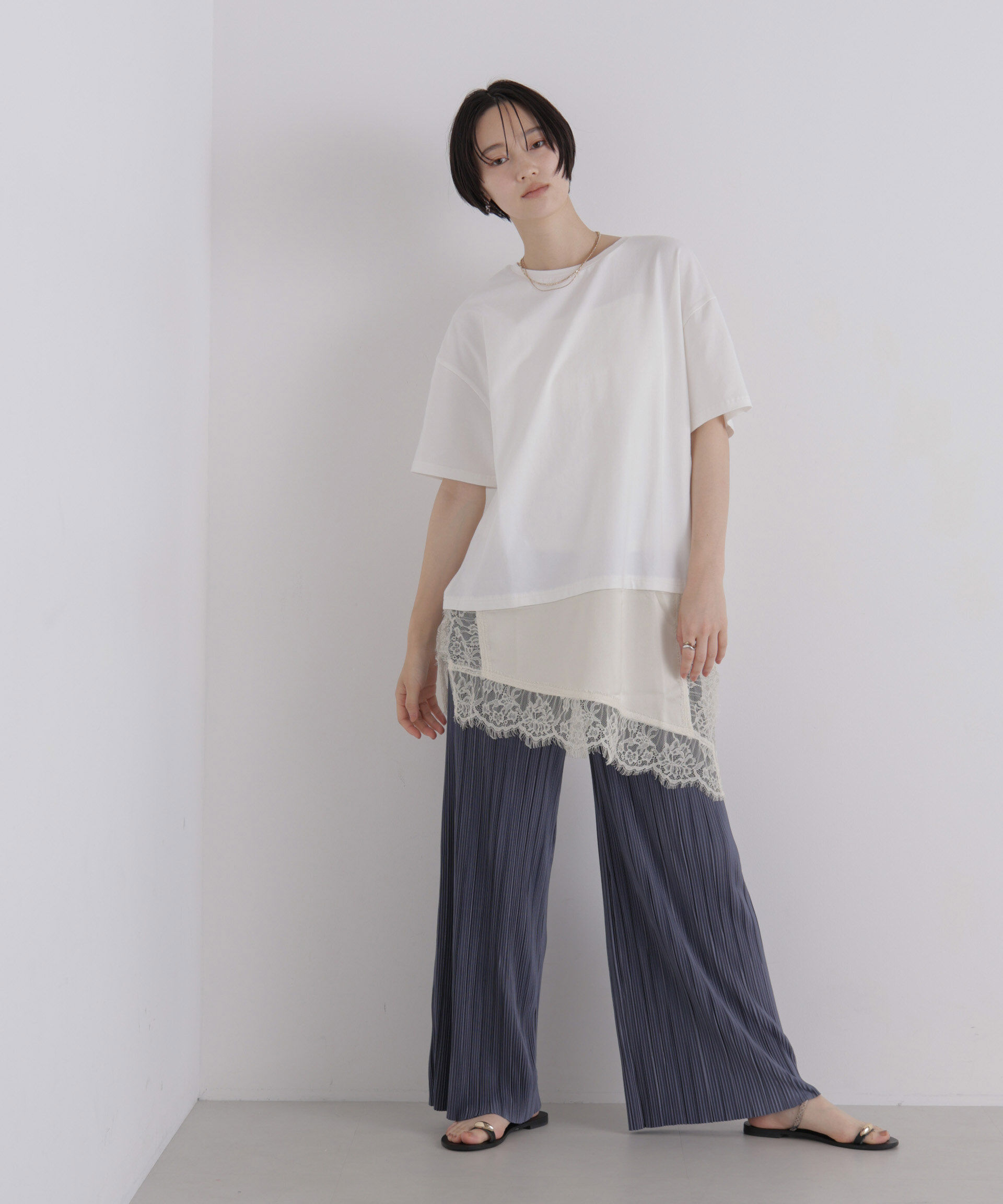 NANO universe「アシメレースヘムドッキングカットトップス」|Tシャツ・カットソー|