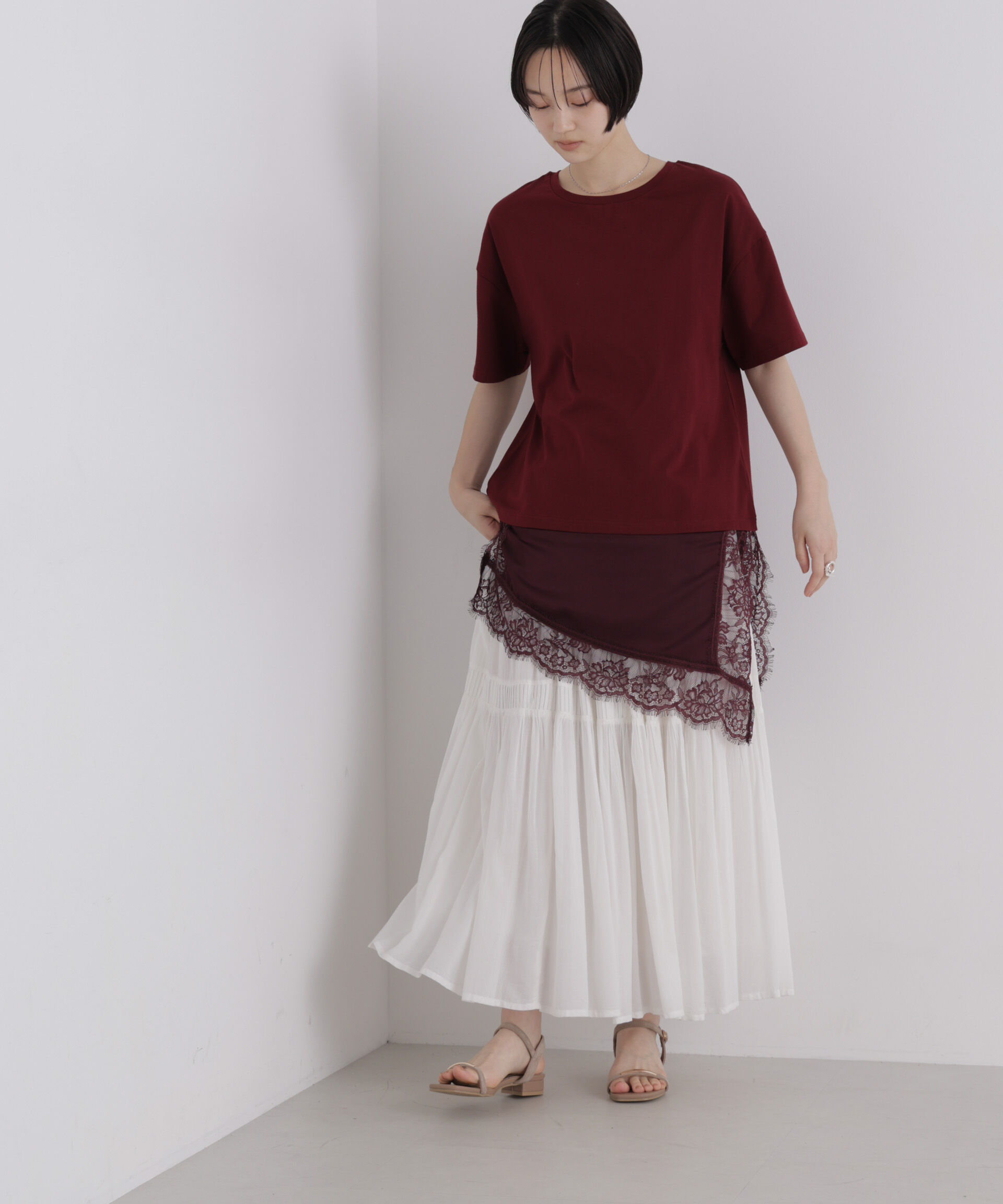 NANO universe「アシメレースヘムドッキングカットトップス」|Tシャツ・カットソー|