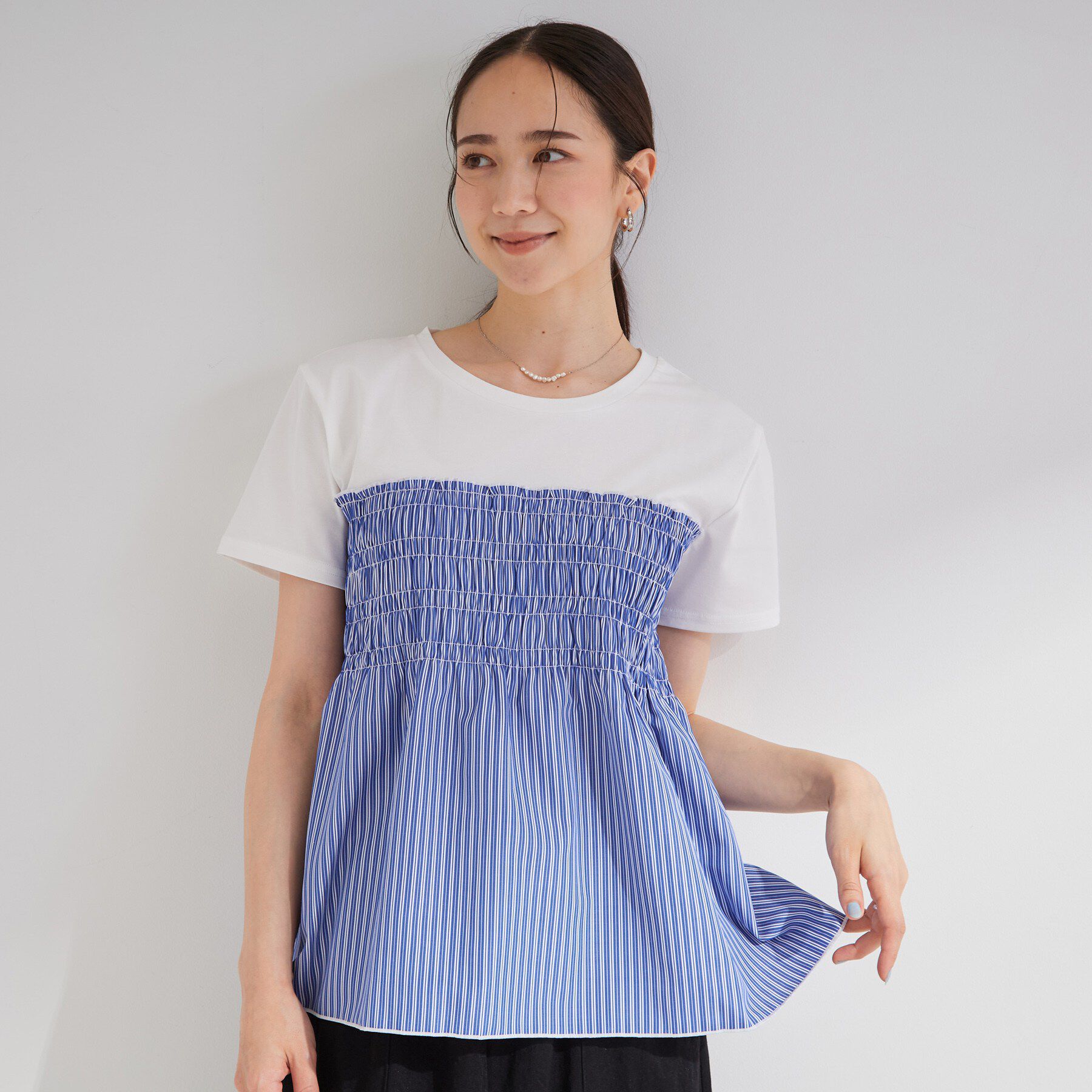 SHOO･LA･RUE「【S-LL/洗濯機可】着るだけサマ見え 柄アソートビスチェ風ドッキングTシャツ」|Tシャツ・カットソー|