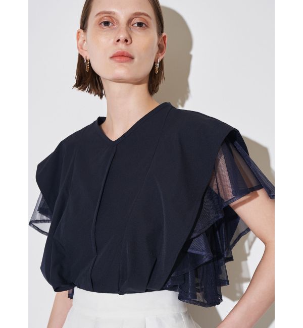 ELENDEEK「MESH LAYERED SLEEVE BL」|シャツ・ブラウス|ネイビー