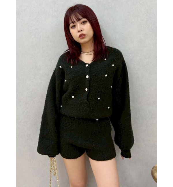 EVRIS「bijouシャギーニットロンパース」|オールインワン|ブラック