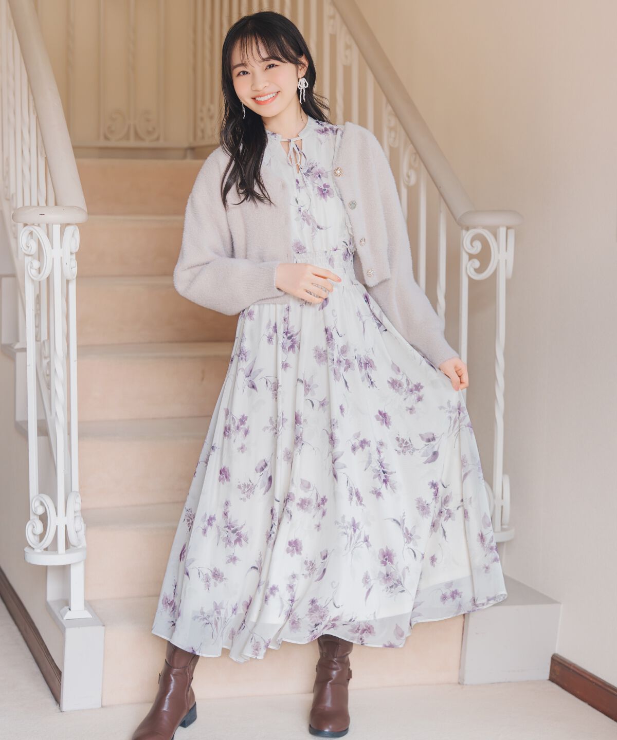 WILLSELECTION「フラワープリントウエストシャーリングワンピース」|ワンピース|白系花柄