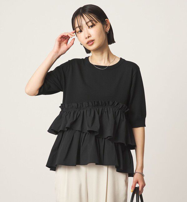 UNITED ARROWS green label relaxing「ティアード ドッキング 5分袖 プルオーバー ニット」|ニット・セーター|BLACK