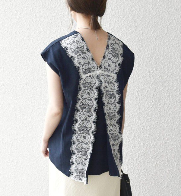 SHIPS any「《追加予約》SHIPS any:〈洗濯機可能〉バック レース コンビ フレンチスリーブ プルオーバー」|Tシャツ・カットソー|